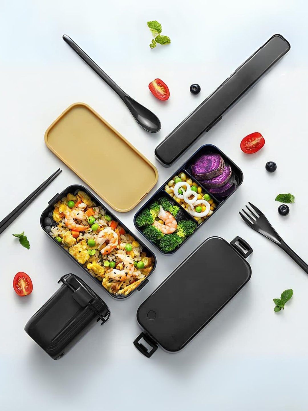 

YELONA Black Lunch Box With Cutlery & Soup Pot