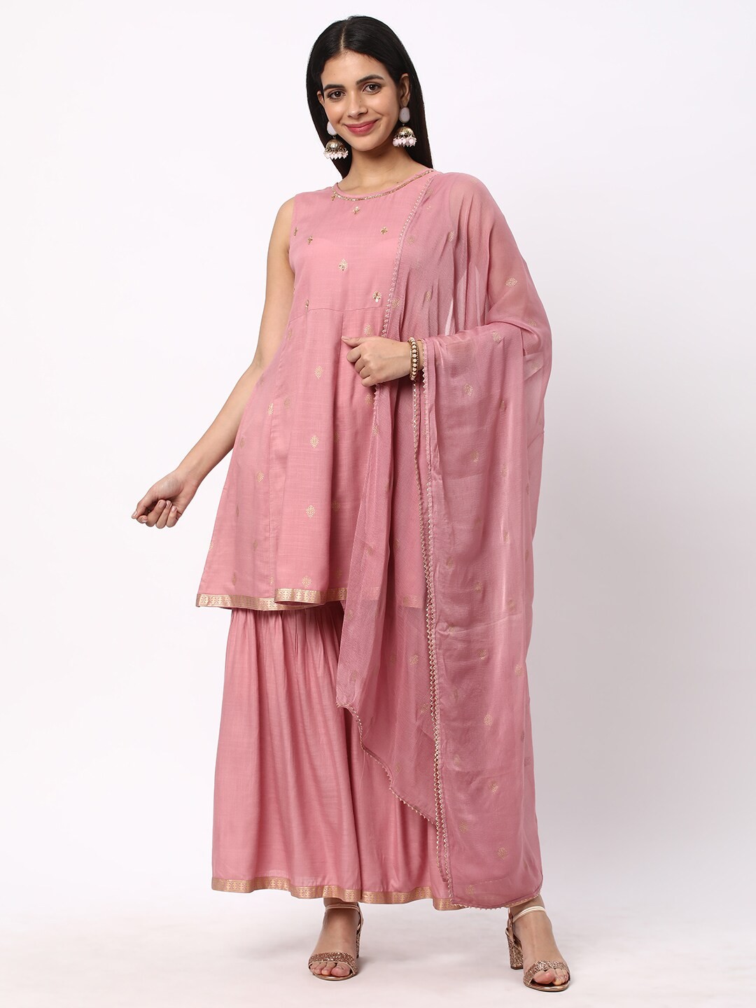 

R&B Ethnic Motifs Printed Beads and Stones Detail A-Line Kurti & Sharara With Dupatta, Pink