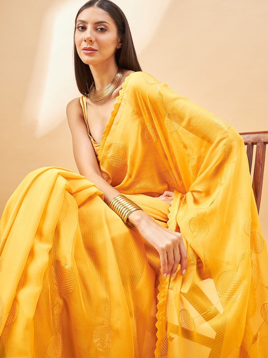 

all about you Yellow Floral Embroidered Pure Chiffon Saree