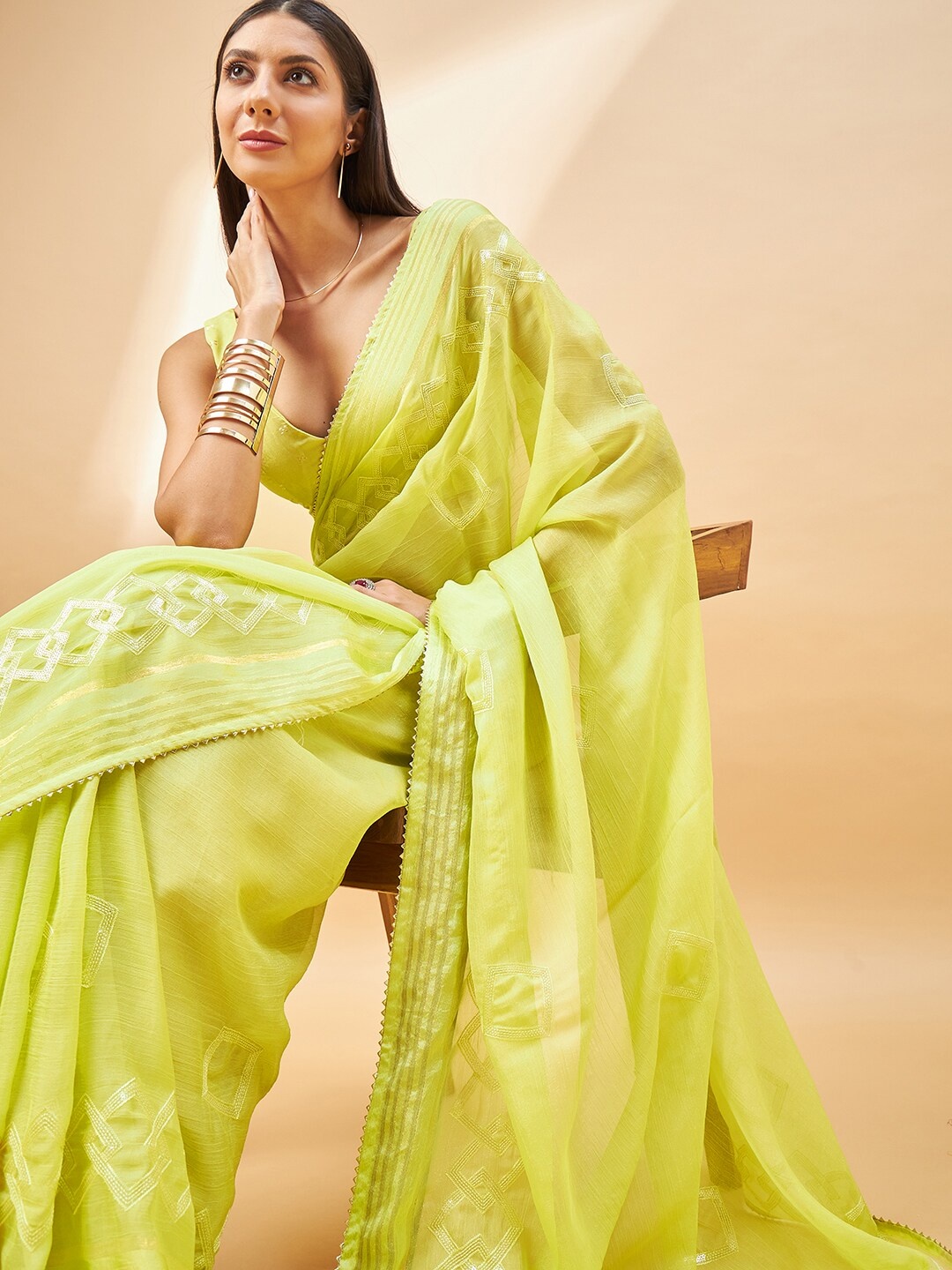 

all about you Lime Green Embroidered Pure Chiffon Saree