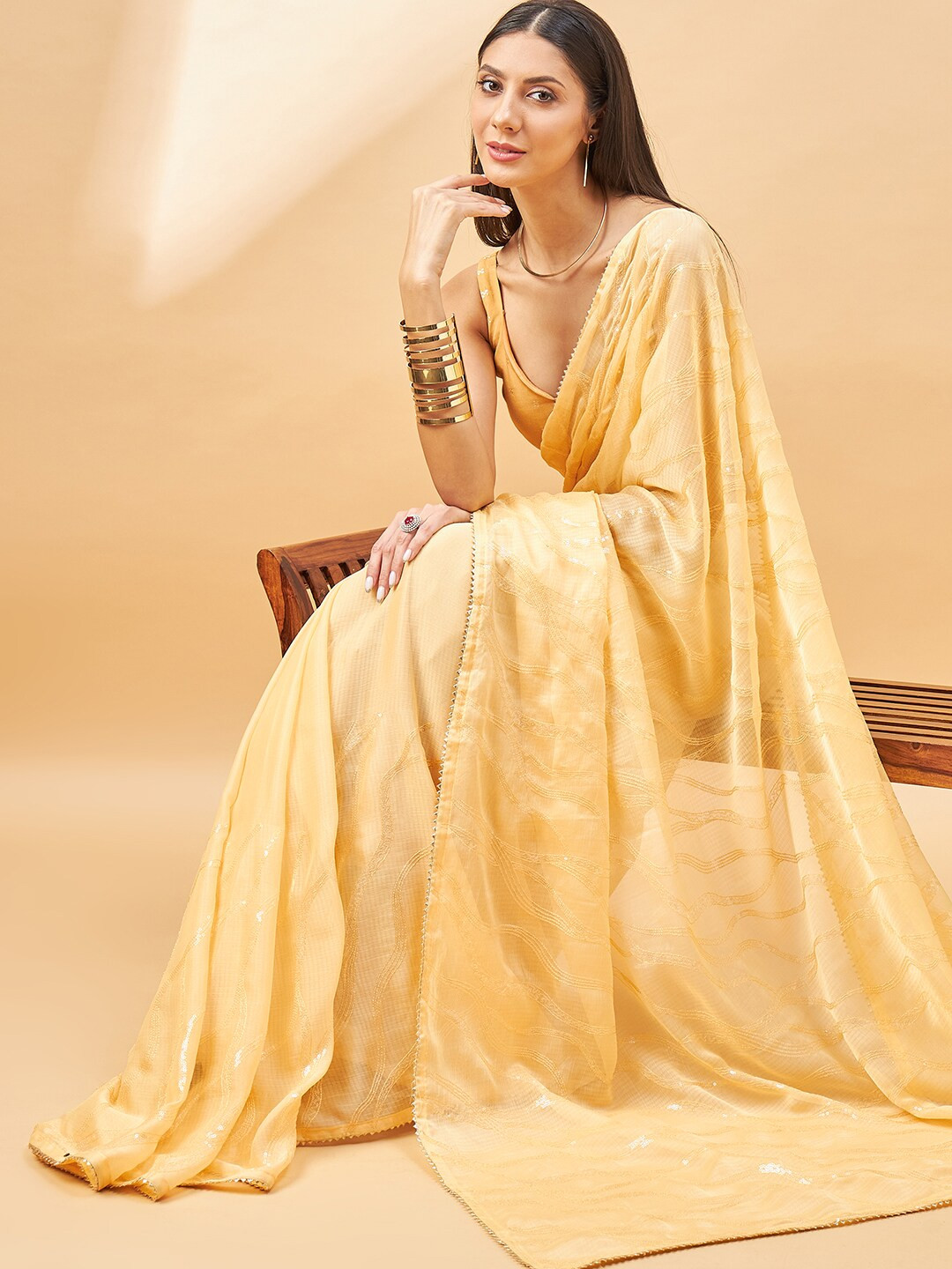 

all about you Beige Embroidered Pure Chiffon Saree