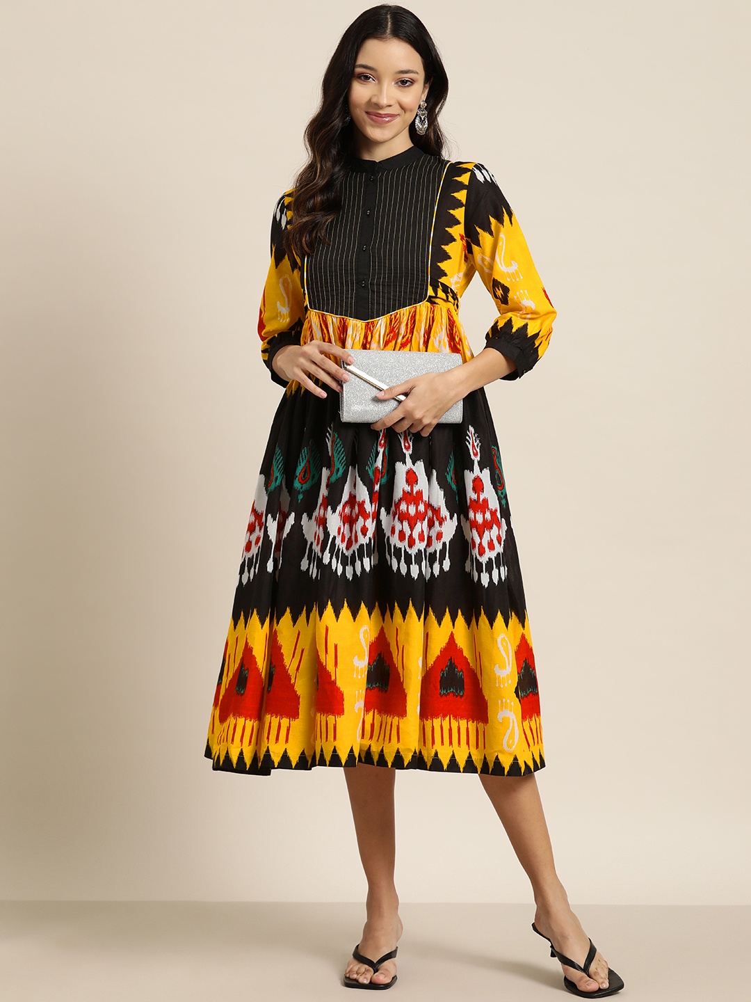 

HERE&NOW Ethnic Motifs Print A-Line Cotton Midi Dress, Yellow