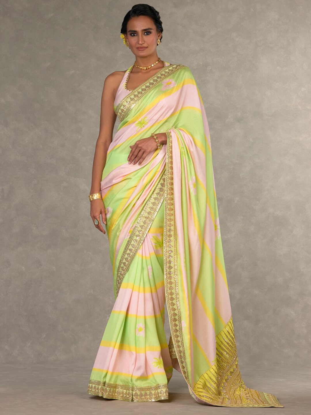 

Masaba Striped Embroidered Parijat Tissue Saree, Green