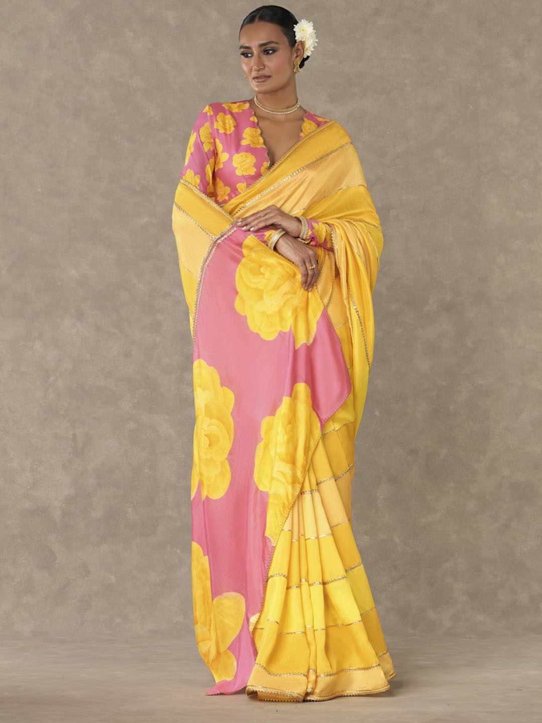 

Masaba Yellow & Pink Paisley Embroidered Pure Silk Saree