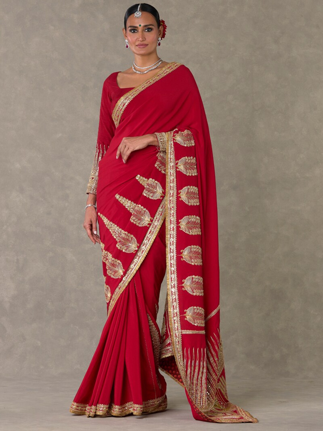 

Masaba Ethnic Motifs Son-Patti Embroidered Saree, Red