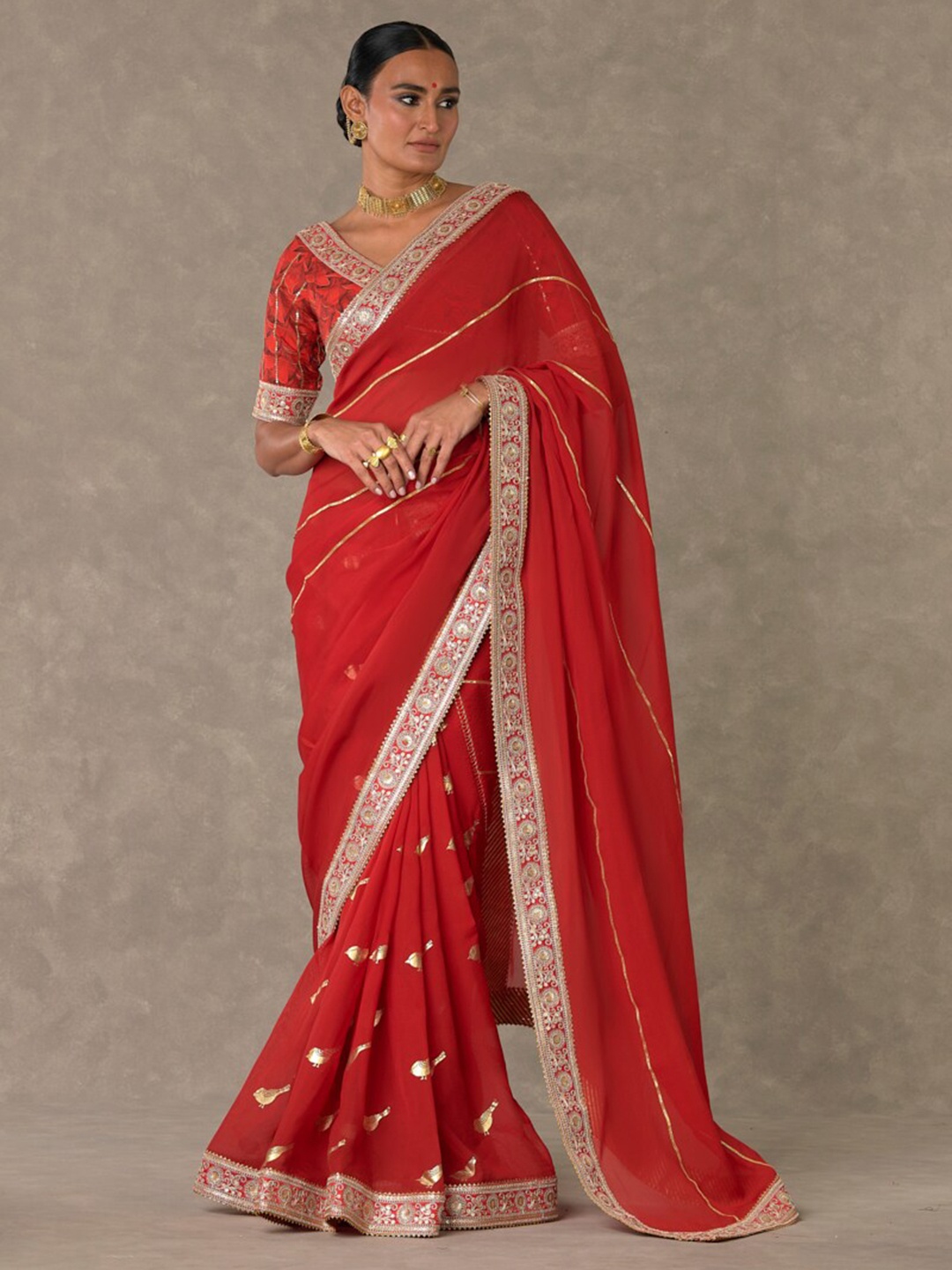 

Masaba Striped Embroidered Organza Saree, Red