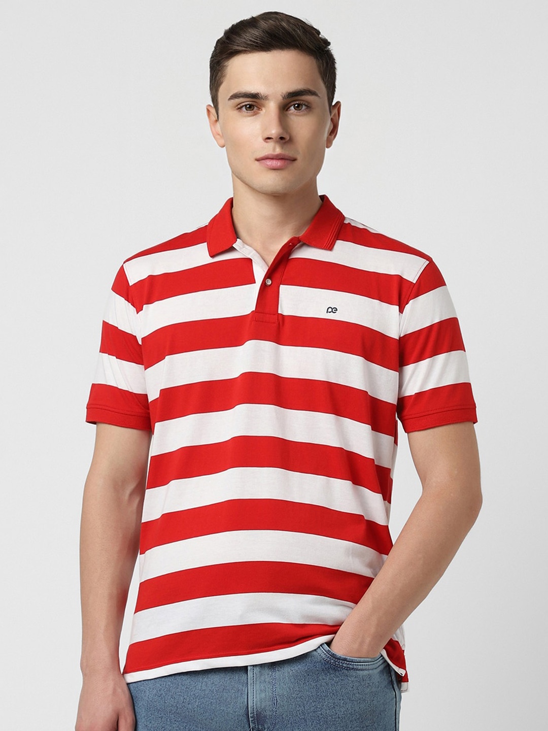 

Peter England Casuals Striped Polo Collar T-shirt, Red