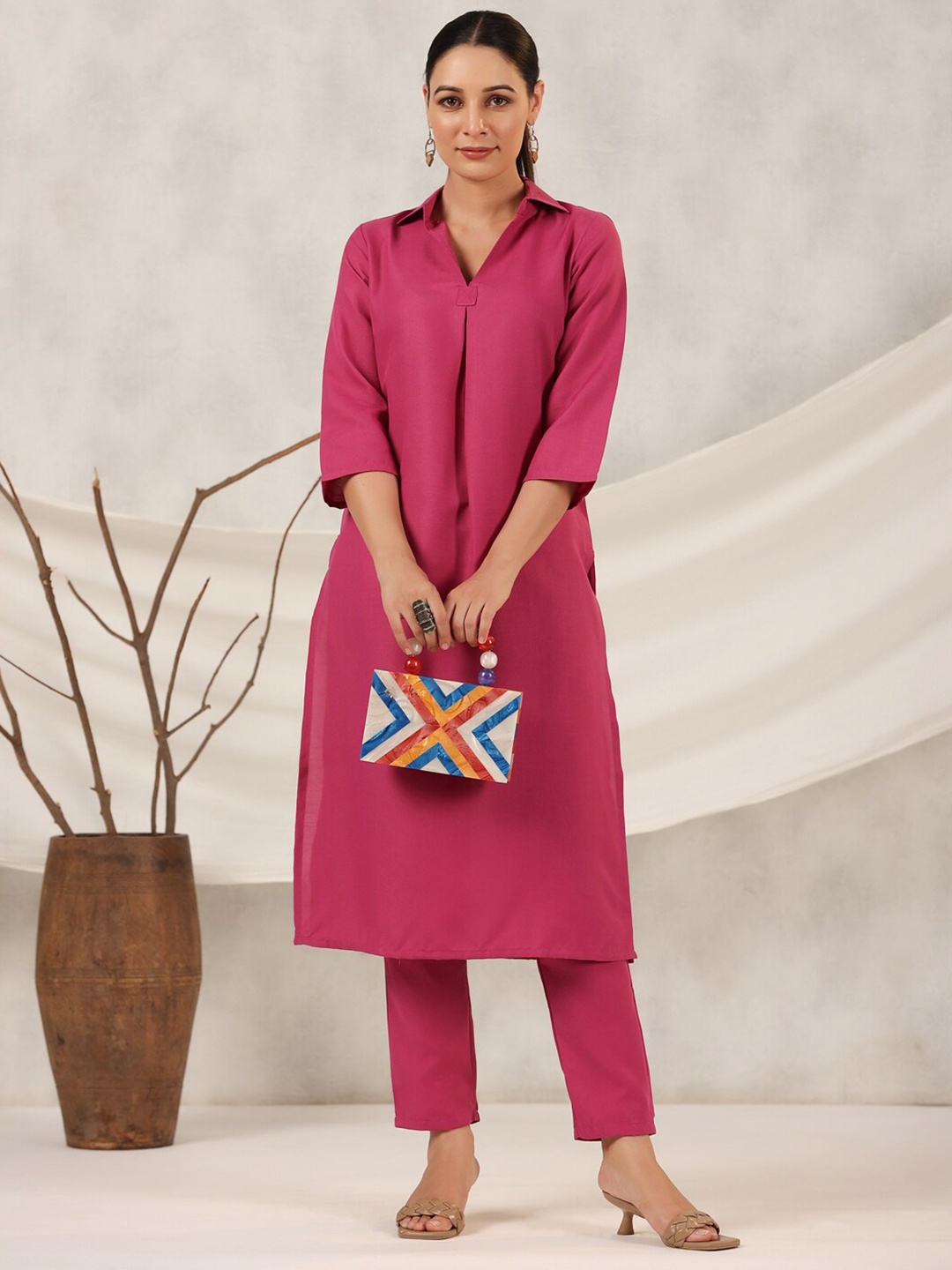

HERE&NOW Mandarin Collar Regular Kurta With Trousers, Magenta