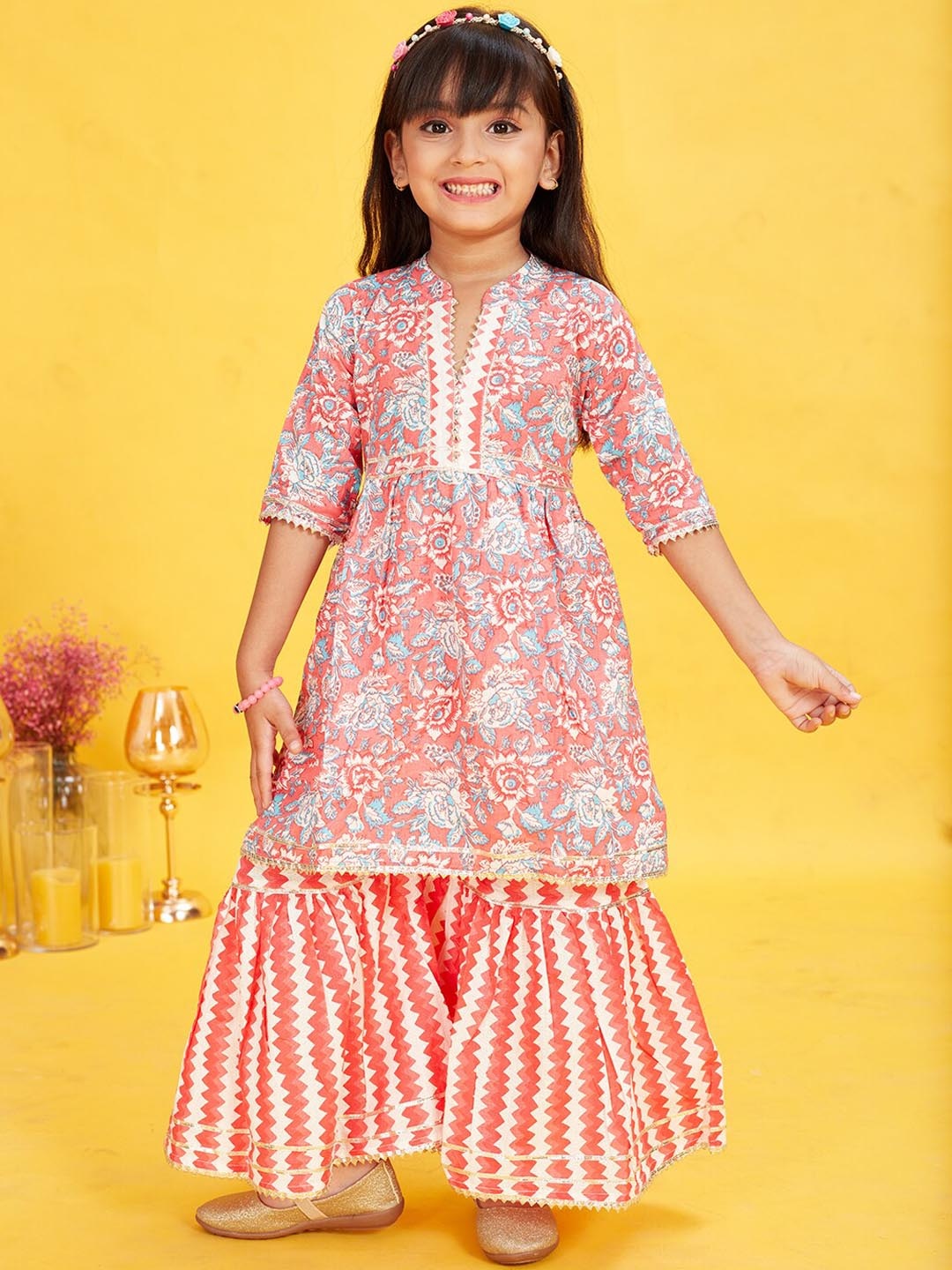 

Maaikid Girls Floral Printed Gotta Patti Pure Cotton Kurta With Sharara, Red