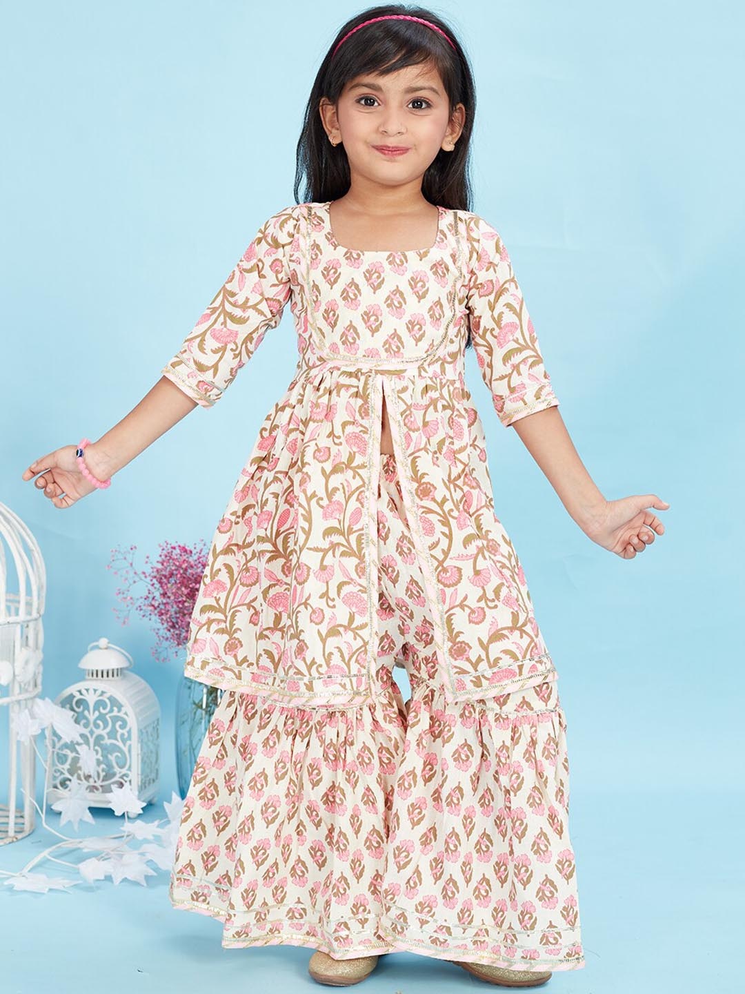 

Maaikid Girls Floral Printed High Slit Pure Cotton Kurta With Sharara, Off white