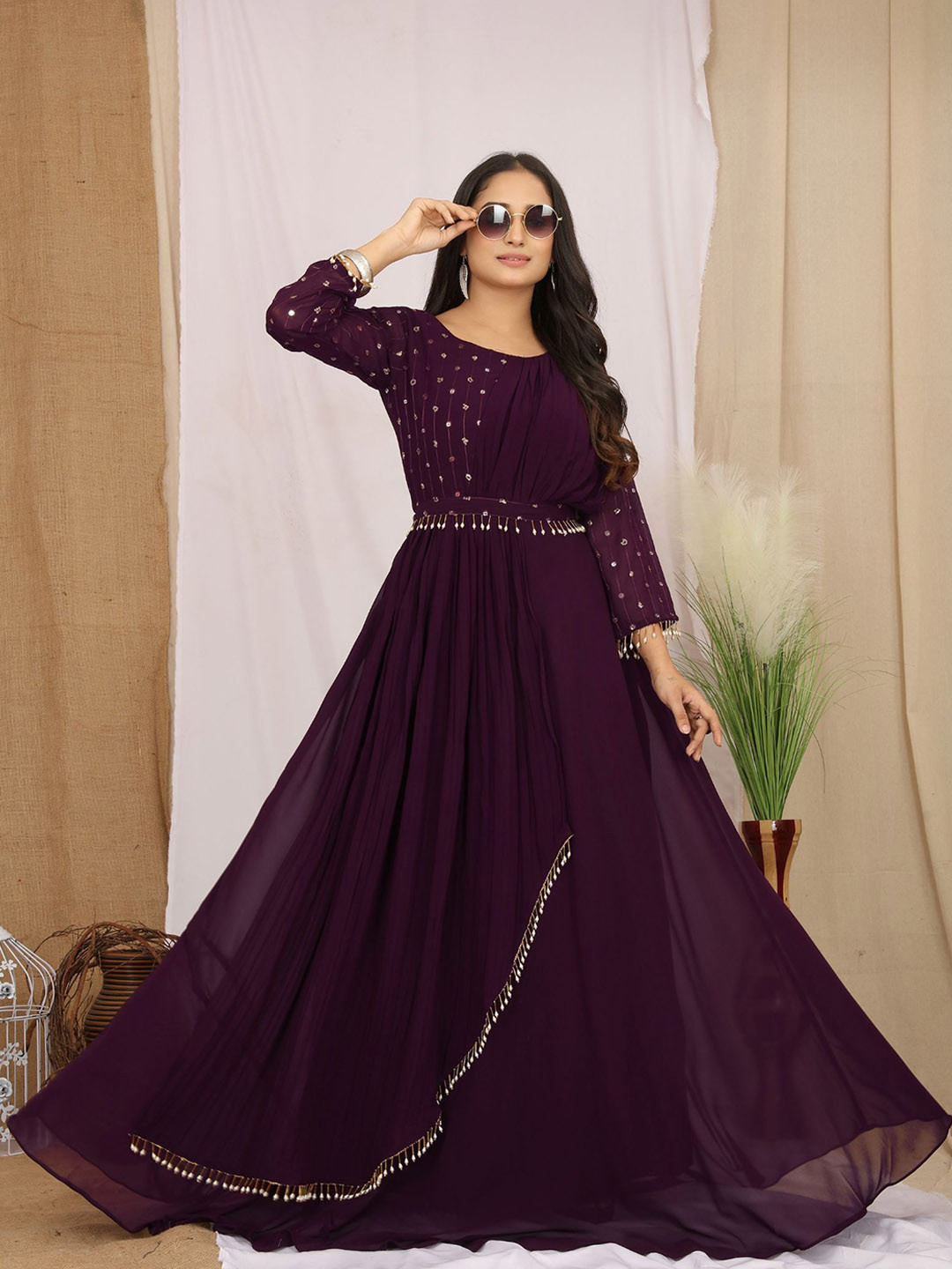 

KALINI Ethnic Motifs Embroidered Pleated Detailed Maxi Ethnic Dress With Belt, Burgundy