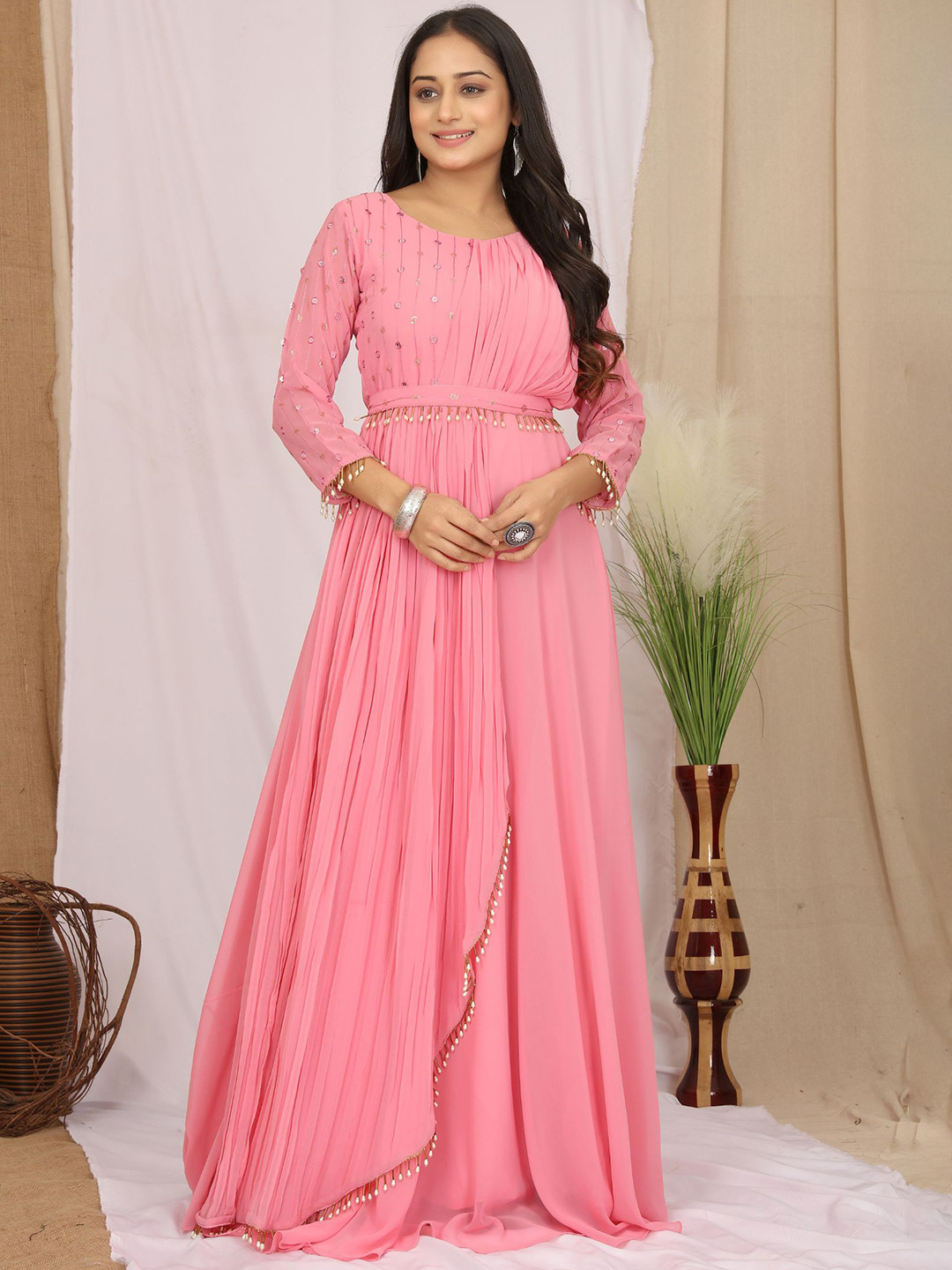 

KALINI Ethnic Motifs Embroidered Pleated Detailed Maxi Ethnic Dress With Belt, Peach