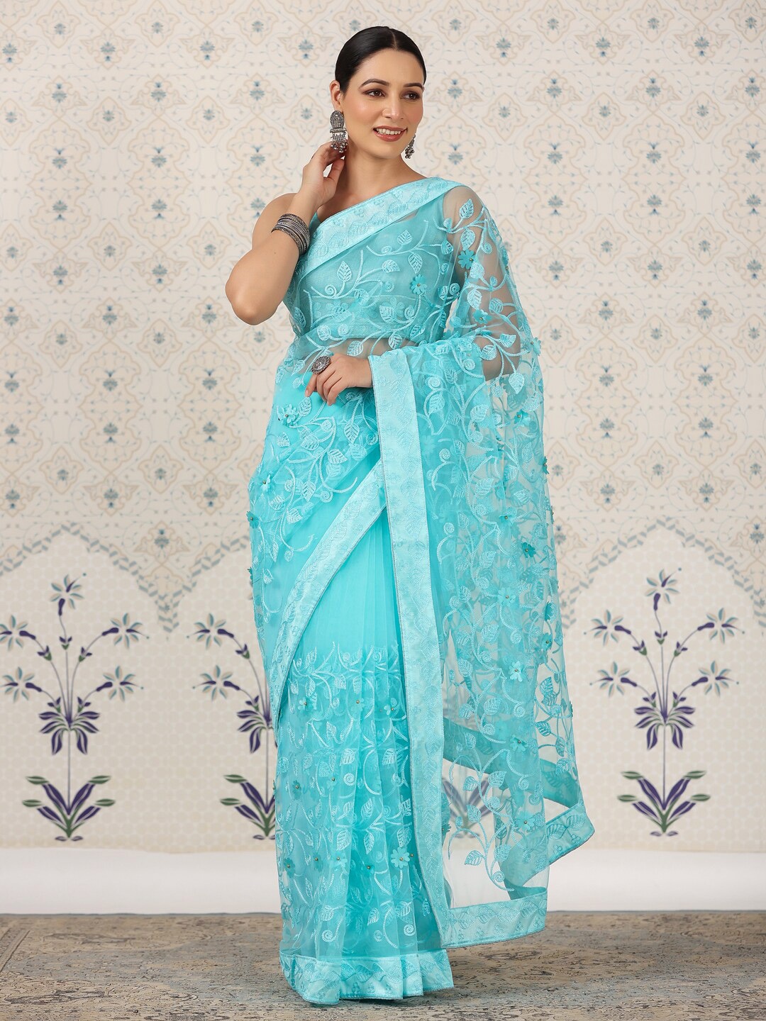 Ode by House of Pataudi Turquoise Blue Floral Embroidered Net Saree