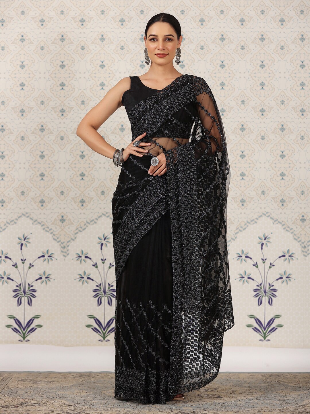 Ode by House of Pataudi Floral Embroidered Net Saree, Black