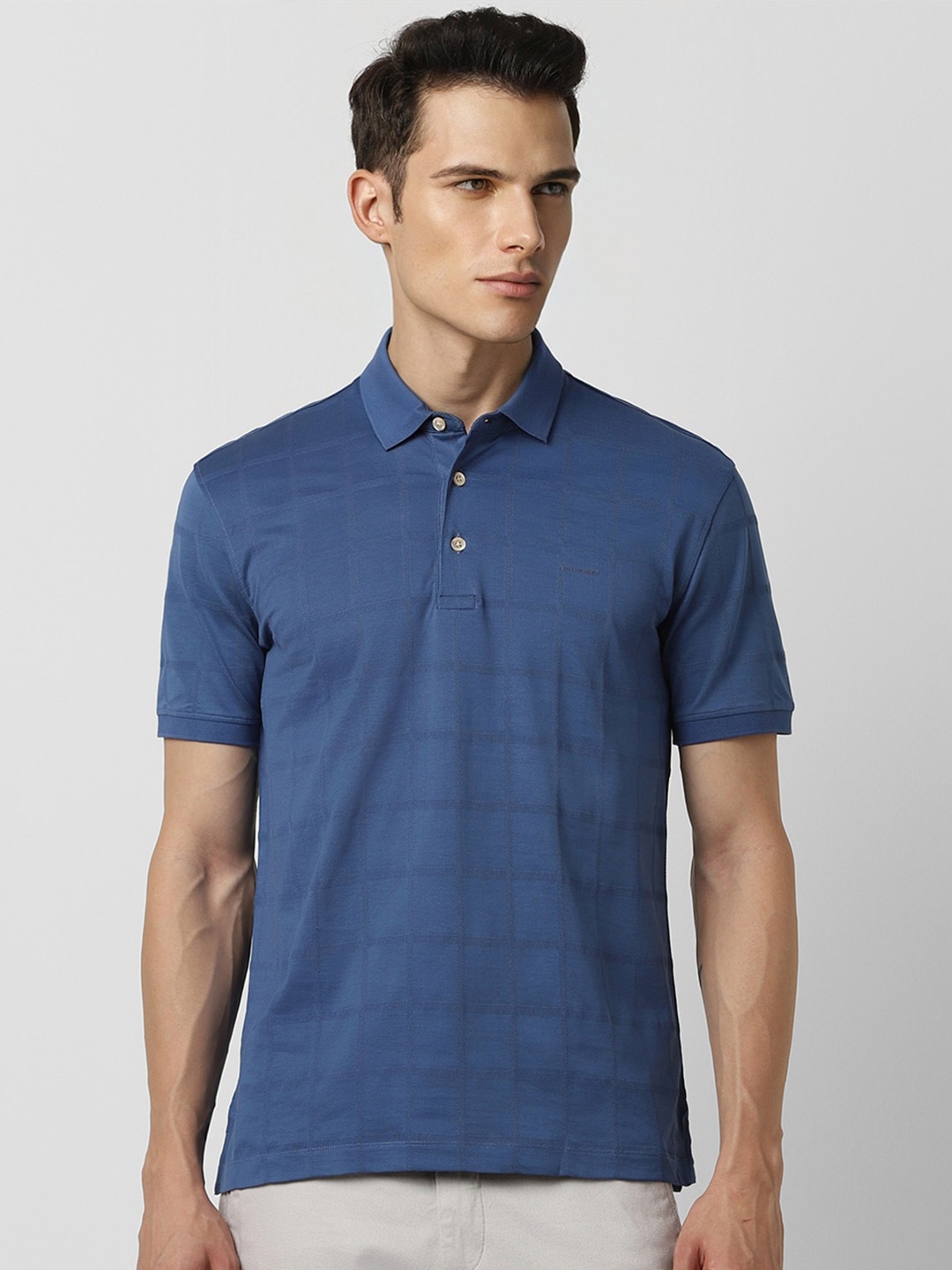 

Van Heusen Men Blue Checked Polo Collar Pockets T-shirt