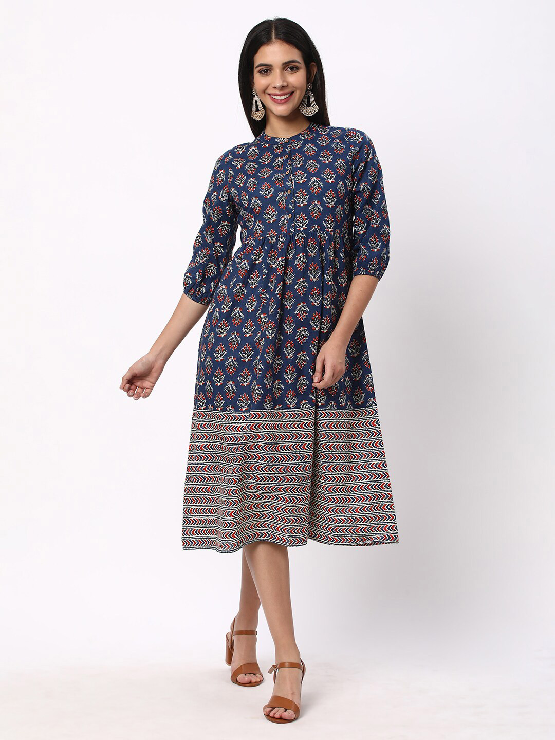

R&B Blue Ethnic Motifs Print Maxi Dress