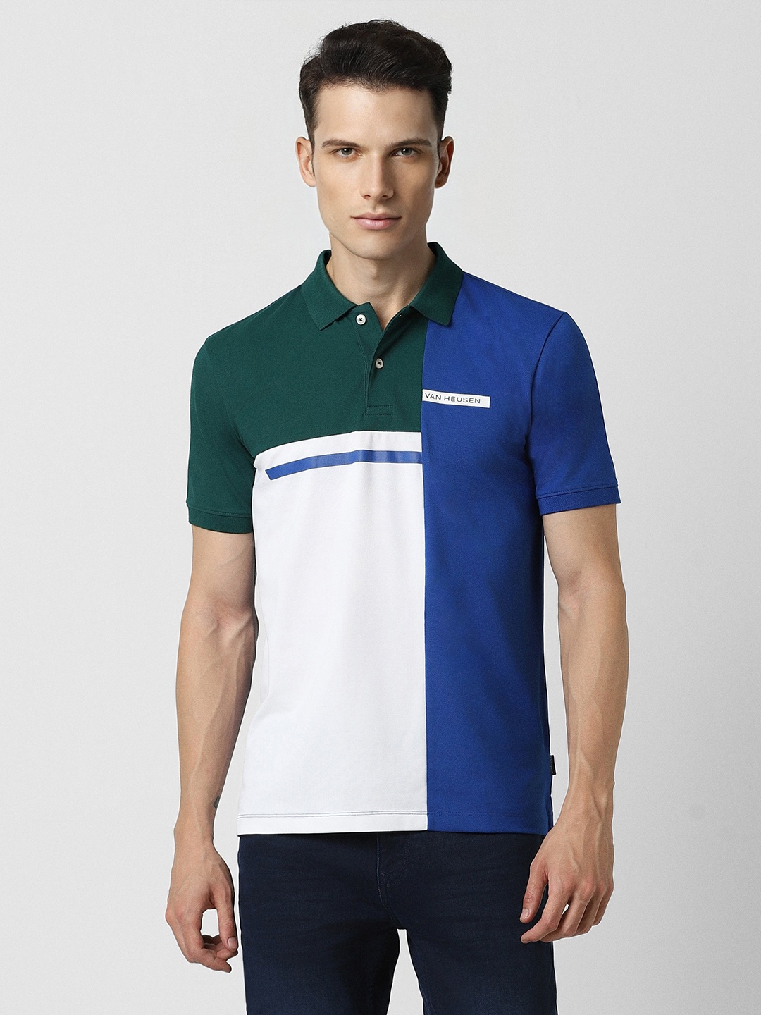 

Van Heusen Sport Colourblocked Polo Collar Cotton T-shirt, Blue