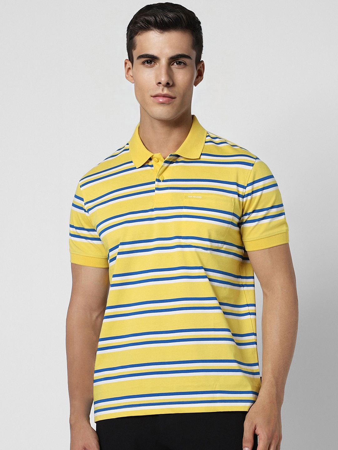 

Van Heusen Sport Men Yellow Striped Polo Collar Pockets T-shirt