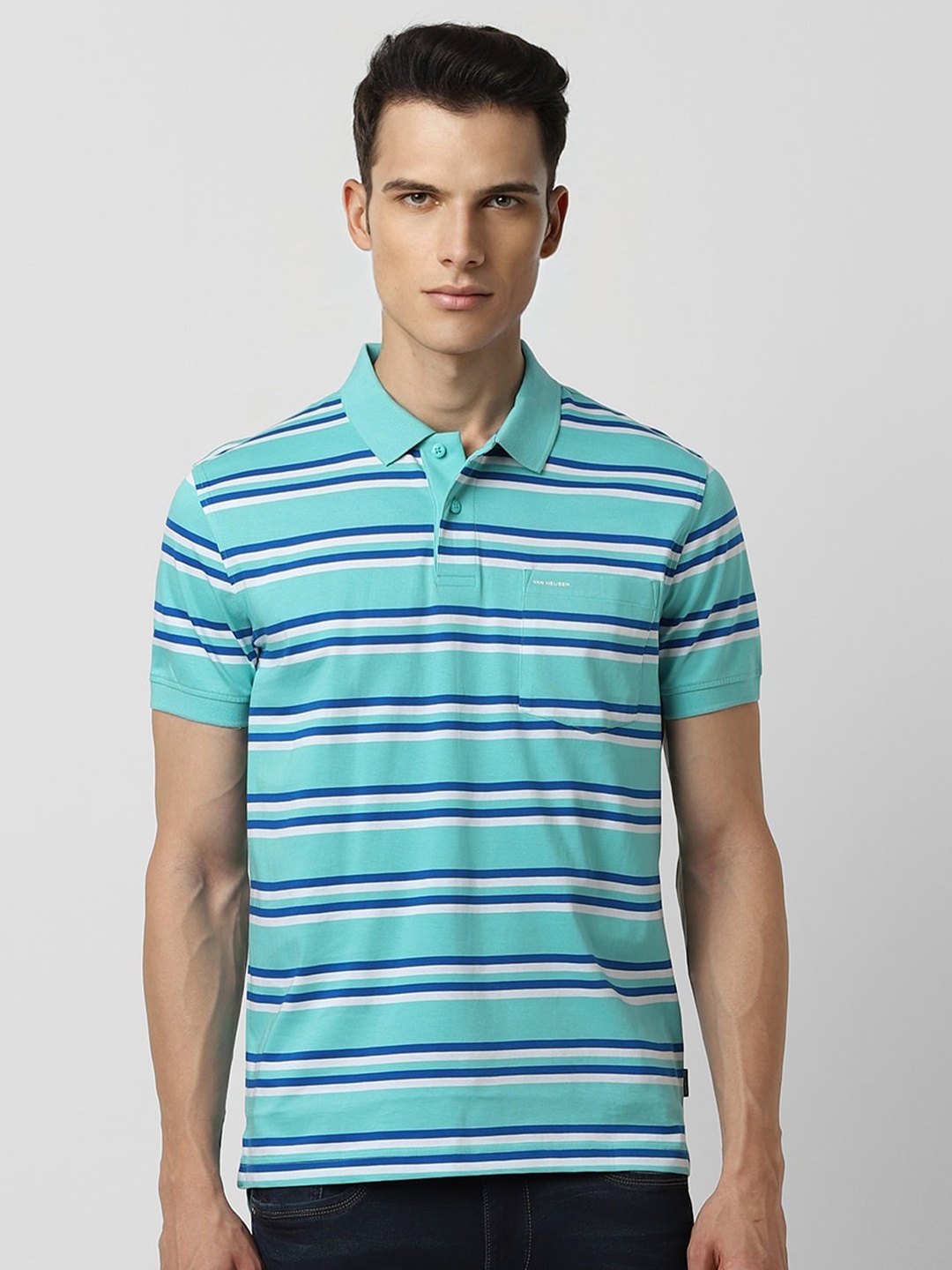 

Van Heusen Sport Men Blue Striped Polo Collar Pockets T-shirt