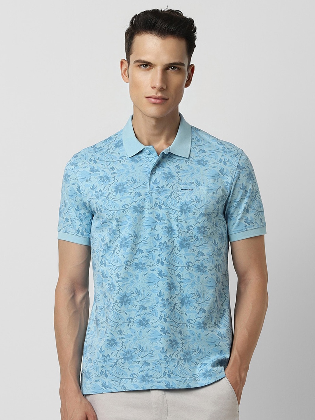 

Van Heusen Sport Men Blue Floral Printed Polo Collar Tropical Pockets T-shirt