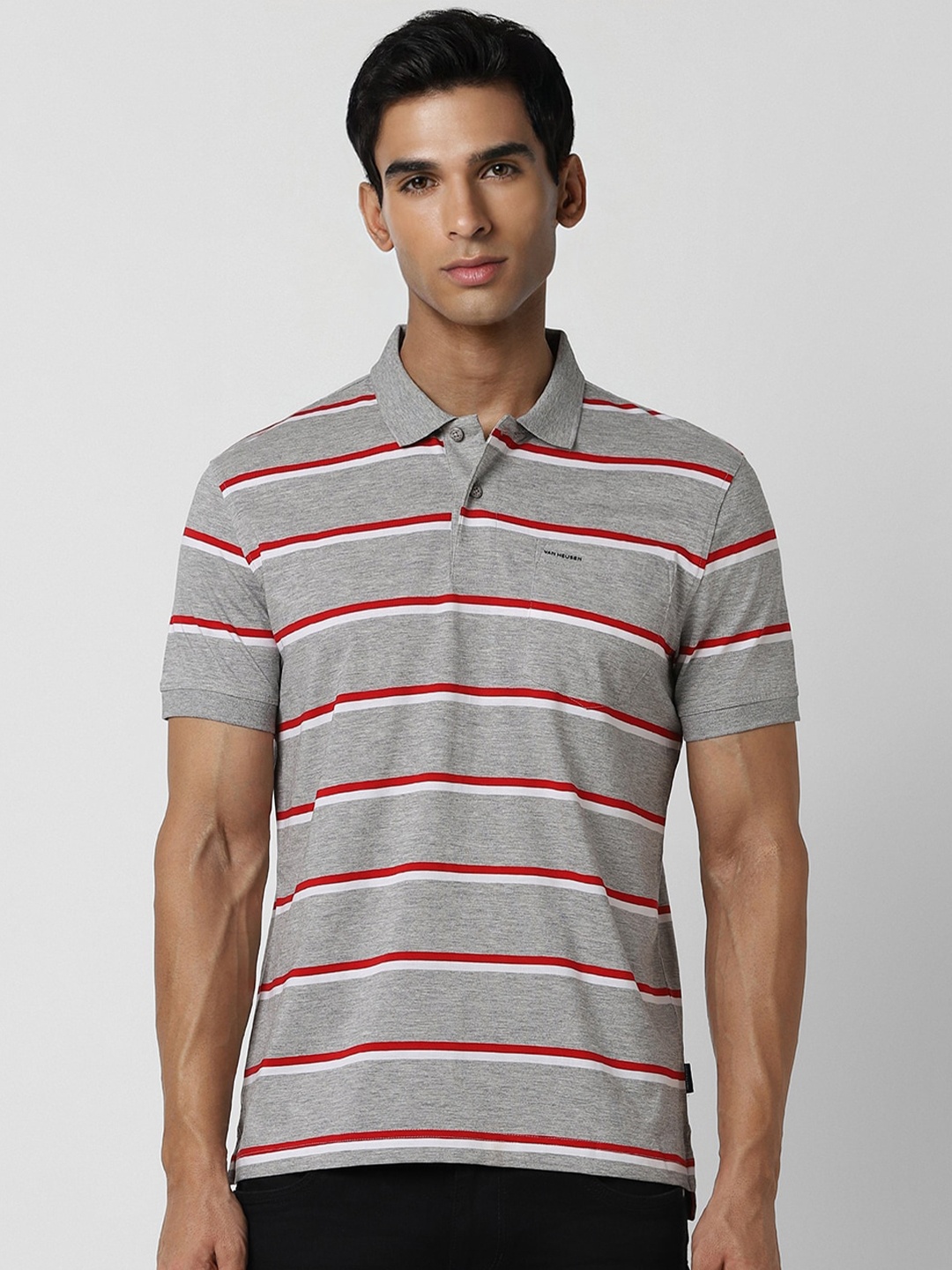 

Van Heusen Sport Men Grey Striped Polo Collar Pockets T-shirt