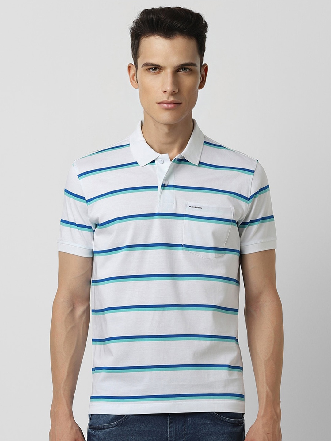 

Van Heusen Sport Men White Striped Polo Collar Pockets T-shirt