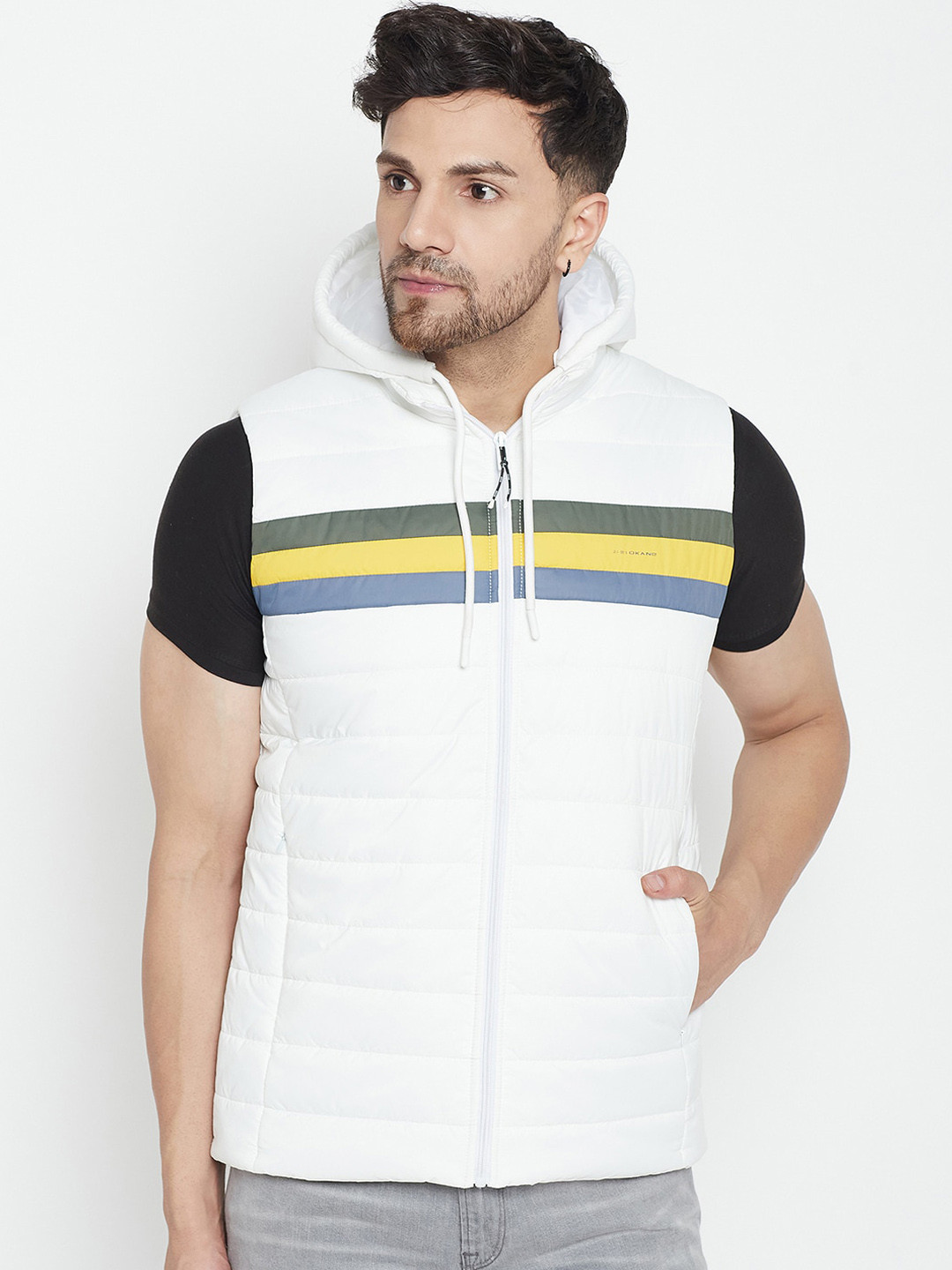 

Okane Men White Striped Reversible Crop Padded Jacket