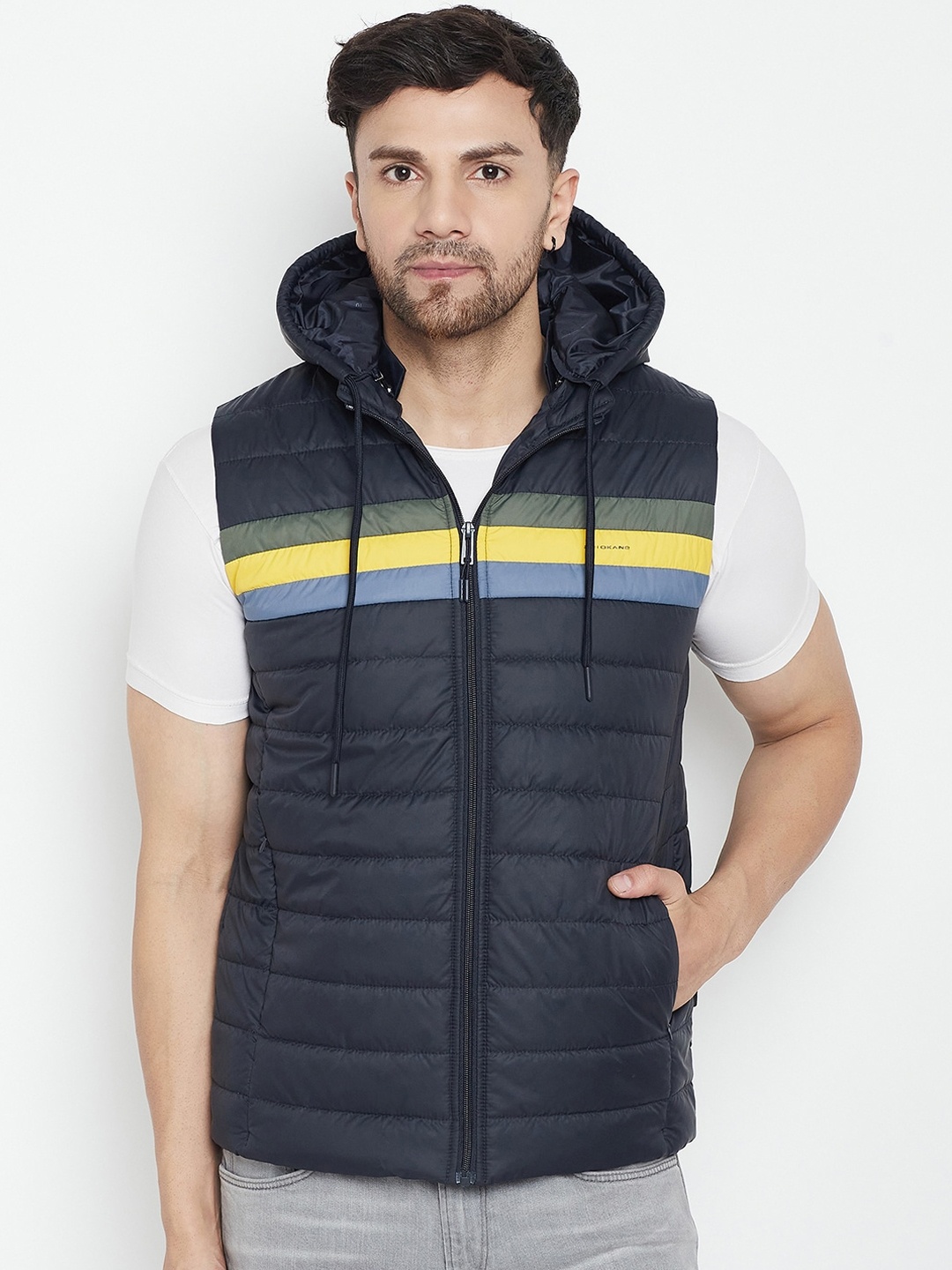 

Okane Men Navy Blue Striped Reversible Padded Jacket