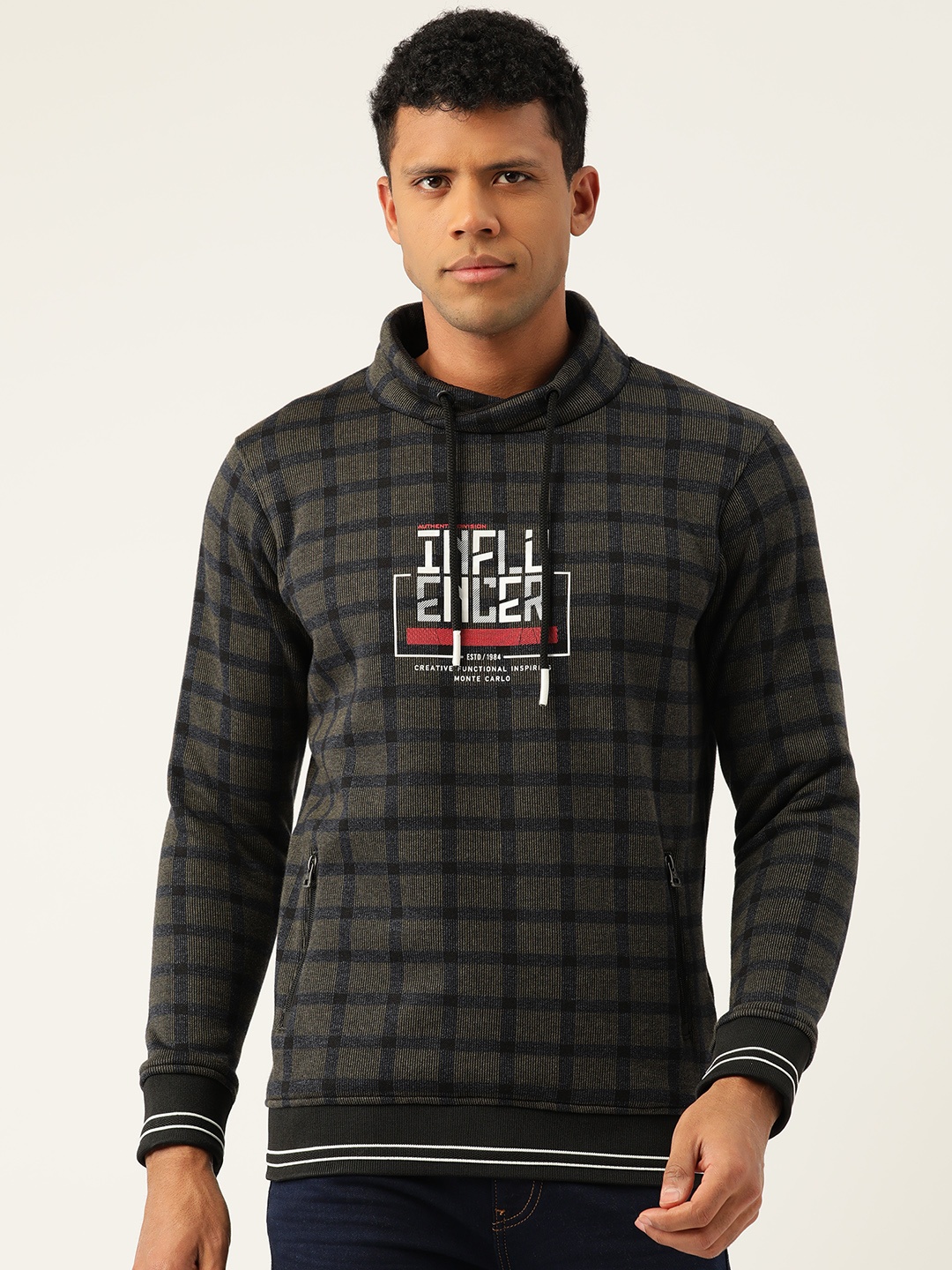 

Monte Carlo Stand Collar Checked Sweatshirt, Navy blue