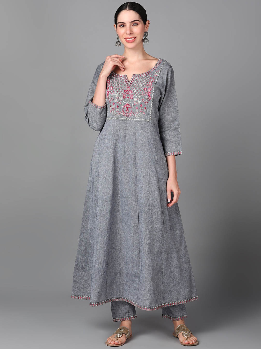 

KALINI Floral Yoke Design Thread Work Detailed Panelled Anarkali Kurta With Trouser, Grey