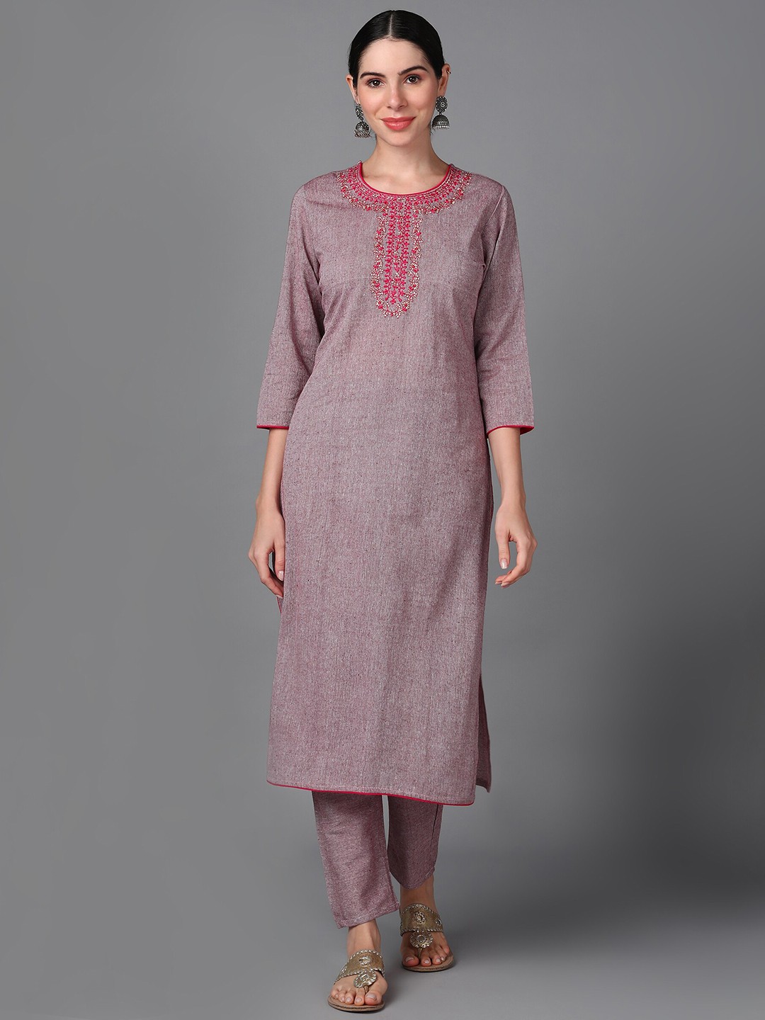 

KALINI Floral Yoke Design Thread Work Straight Kurta With Trousers, Maroon