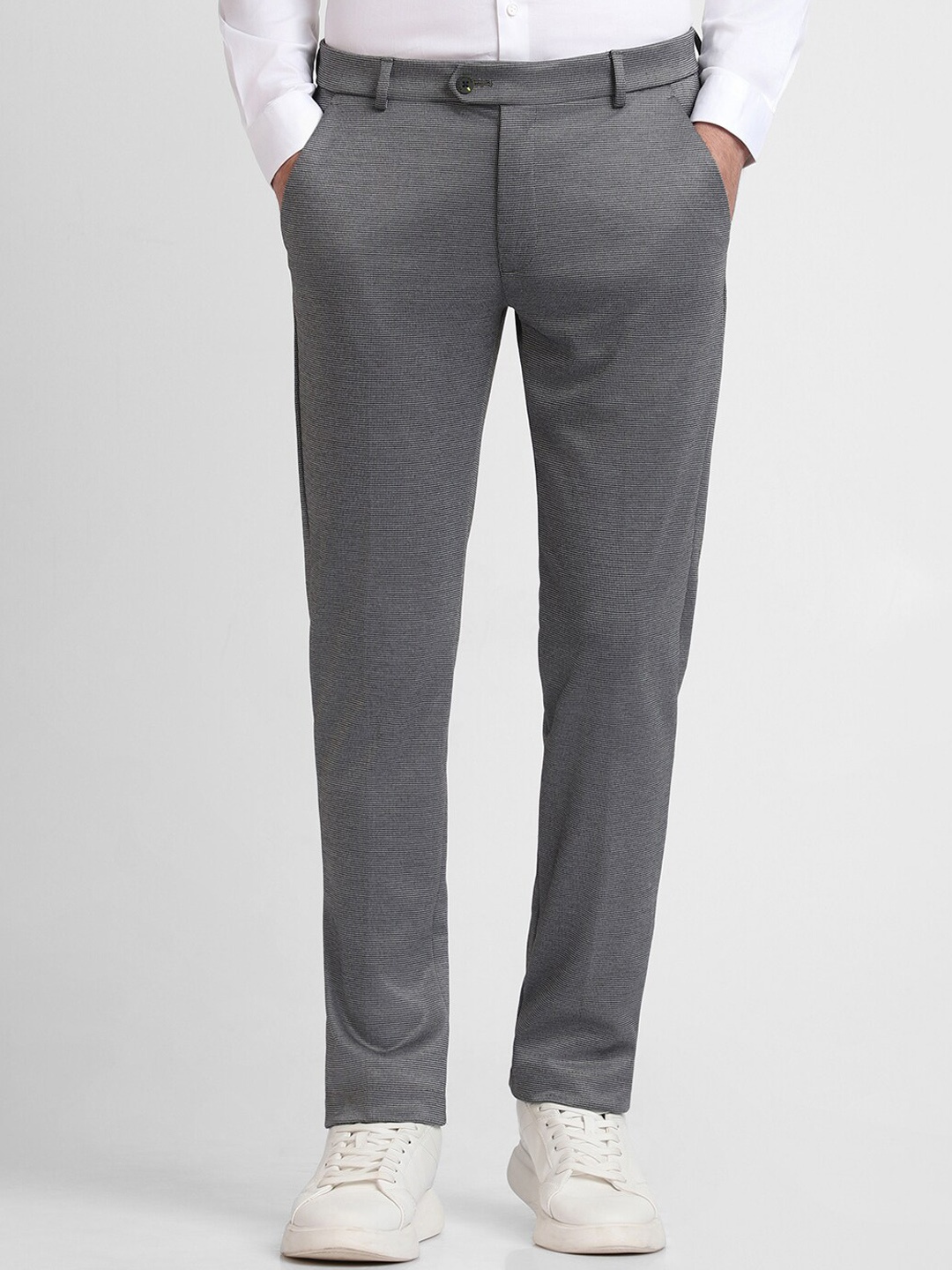 

Peter England Men Grey Textured Slim Fit Trousers