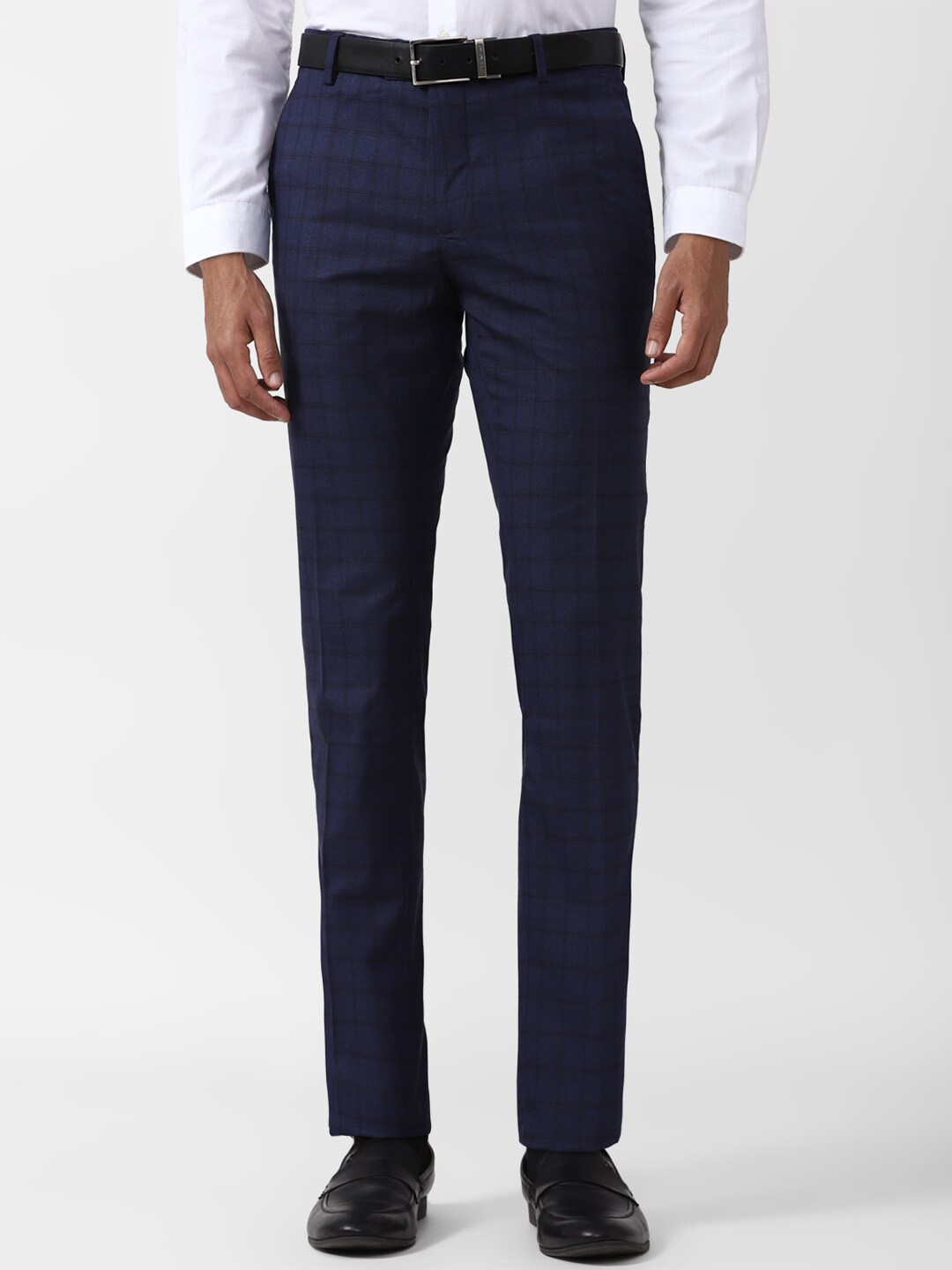 

Peter England Men Navy Blue Checked Slim Fit Trousers