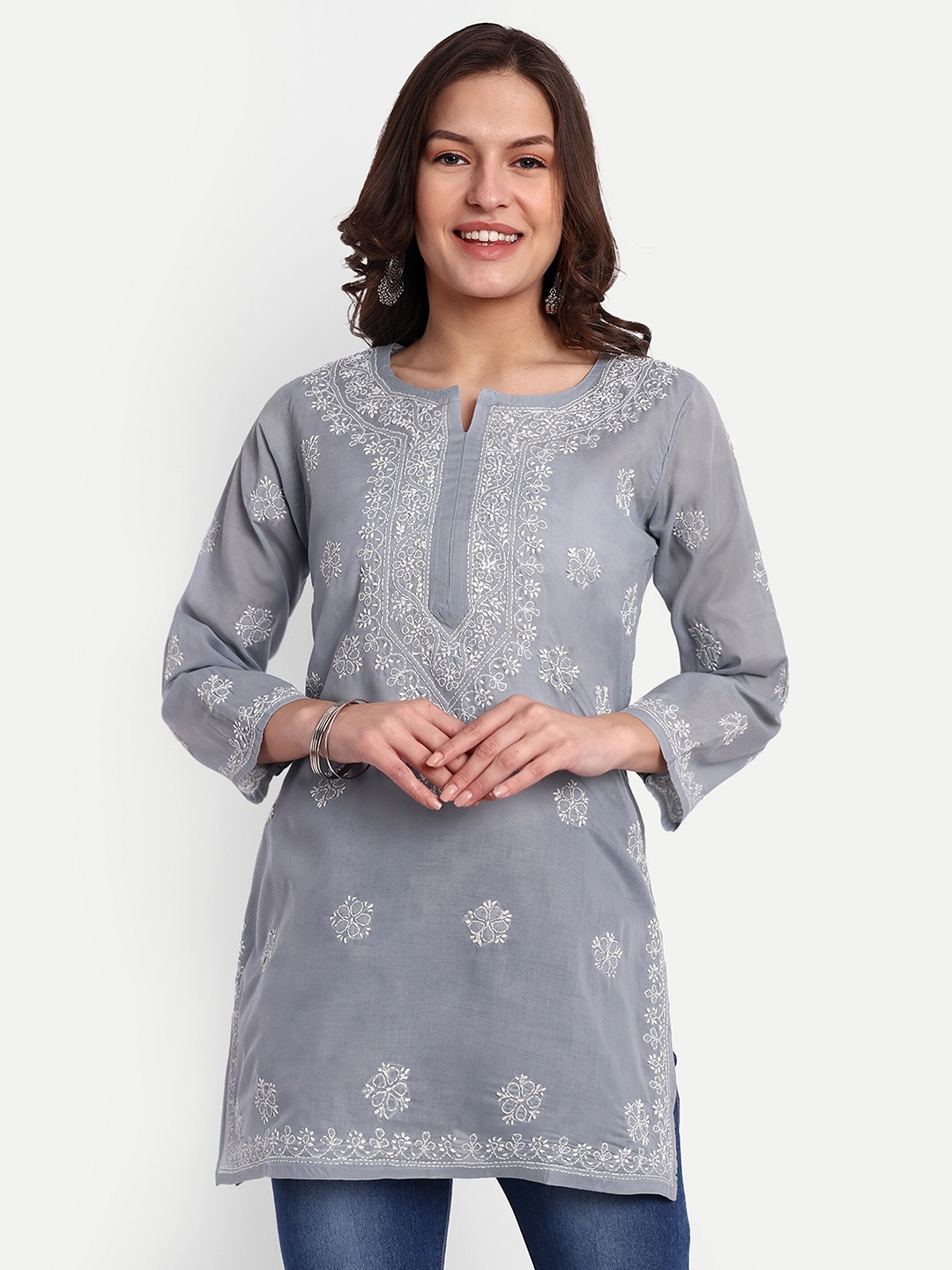 

ADA Grey Floral Embroidered Thread Work Pure Cotton Thread Work Kurti
