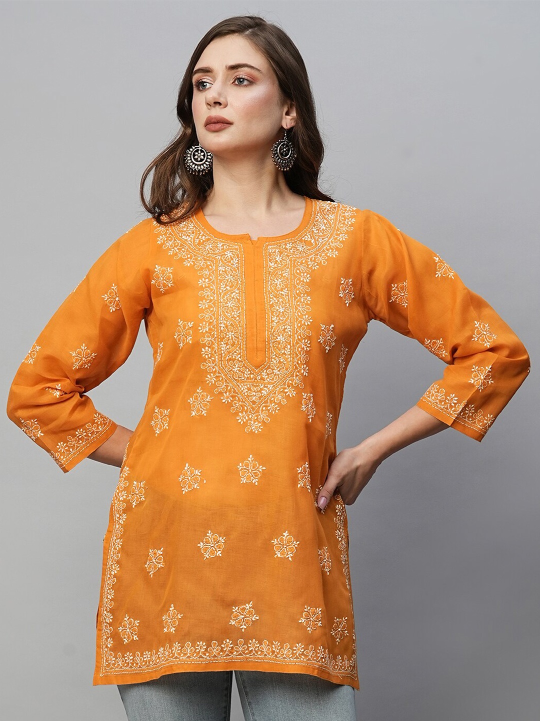 

ADA Mustard Yellow & White Floral Embroidered Thread Work Pure Cotton Thread Work Kurti