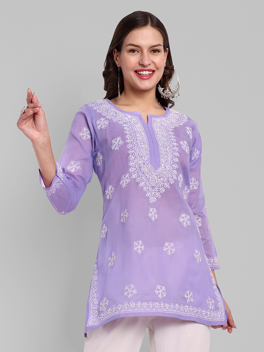 

ADA Mauve Floral Embroidered Thread Work Pure Cotton Thread Work Kurti