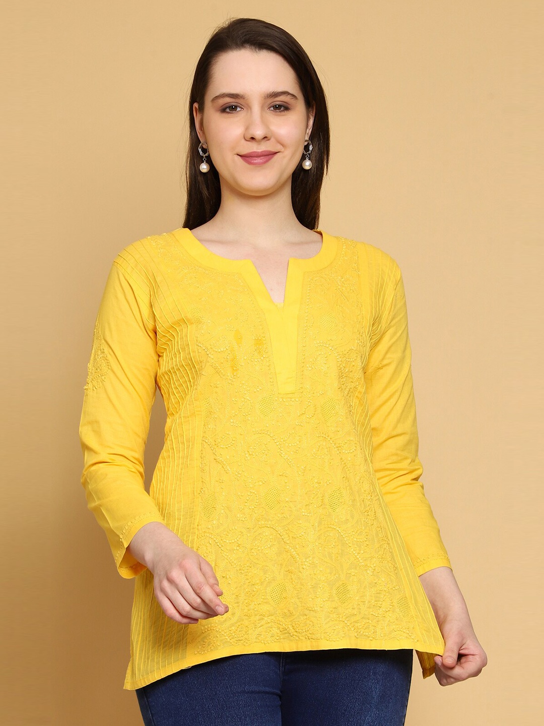 

ADA Yellow Floral Embroidered Thread Work Pure Cotton Thread Work Kurti