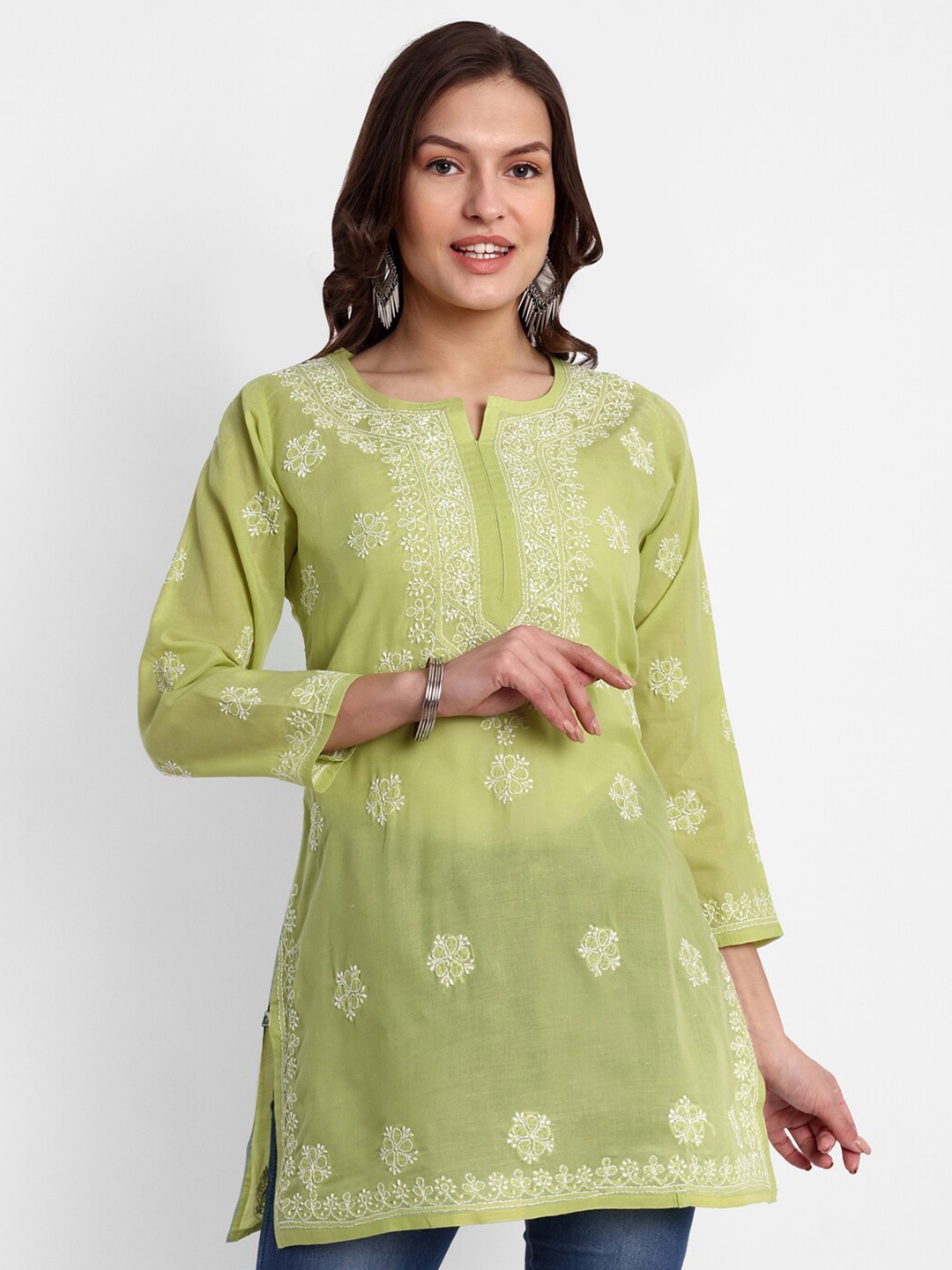 ADA Green Floral Embroidered Thread Work Pure Cotton Thread Work Kurti
