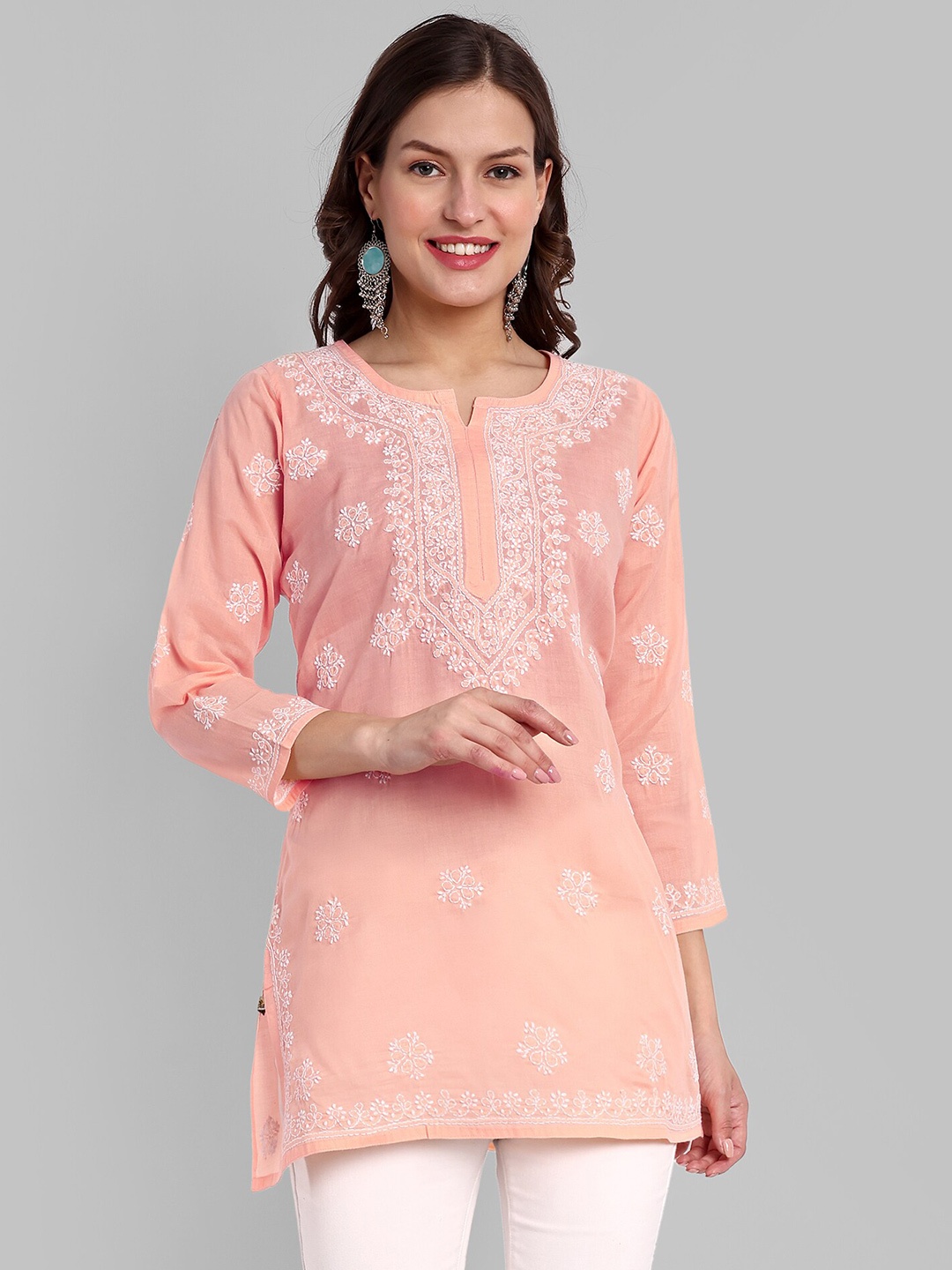 

ADA Peach-Coloured & White Floral Embroidered Thread Work Pure Cotton Thread Work Kurti