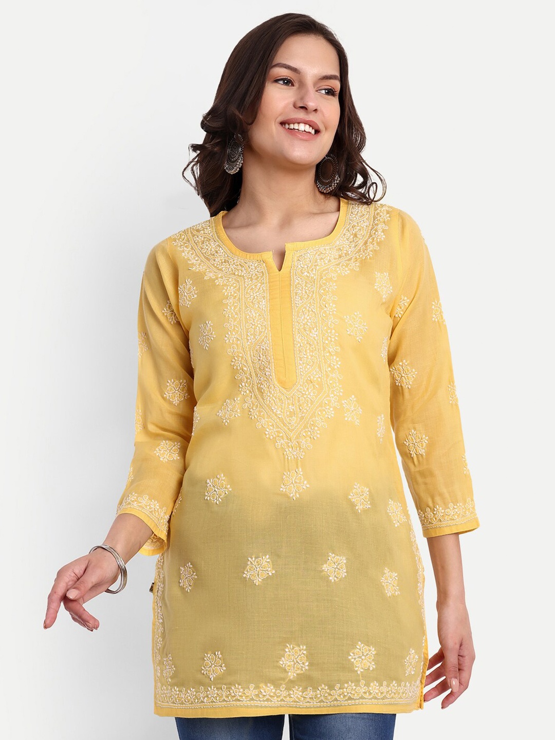 

ADA Yellow Floral Embroidered Thread Work Pure Cotton Thread Work Kurti