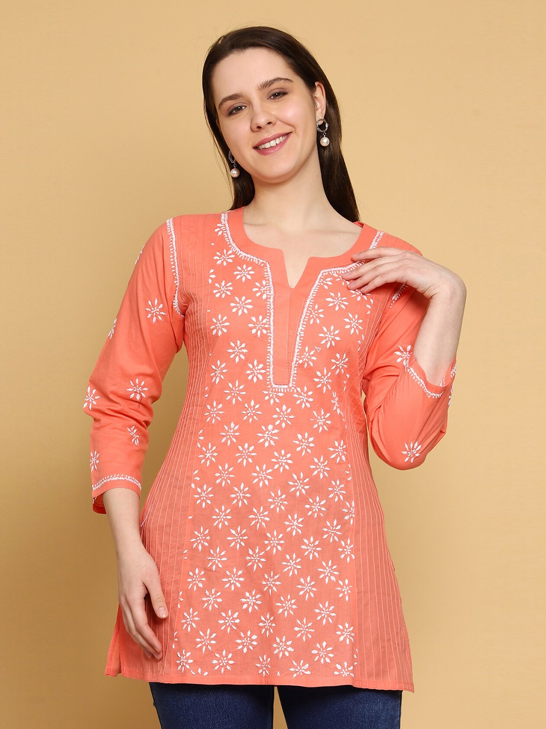 

ADA Peach-Coloured Floral Embroidered Thread Work Pure Cotton Thread Work Kurti