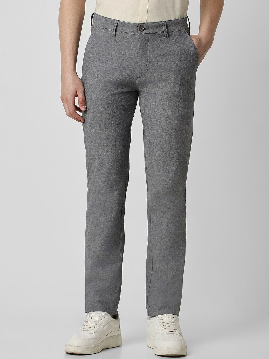 

Peter England Casuals Men Grey Textured Slim Fit Trousers