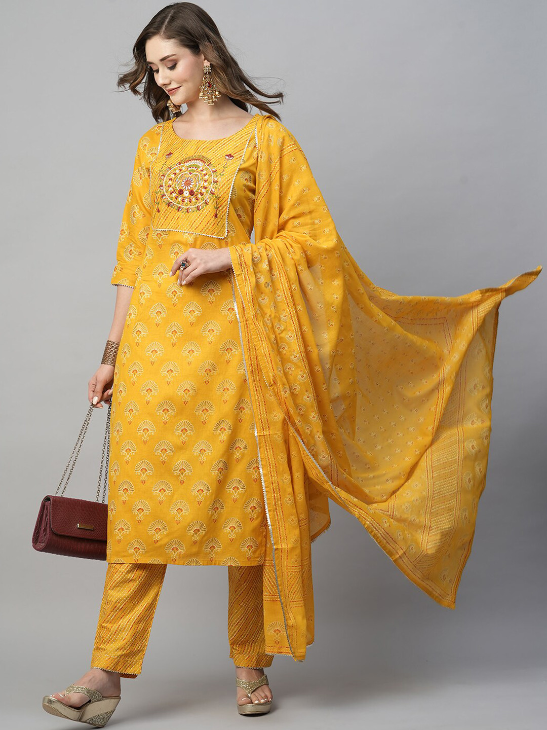 

KALINI Ethnic Motifs Printed Gotta Patti Pure Cotton Kurta With Trousers & Dupatta, Yellow