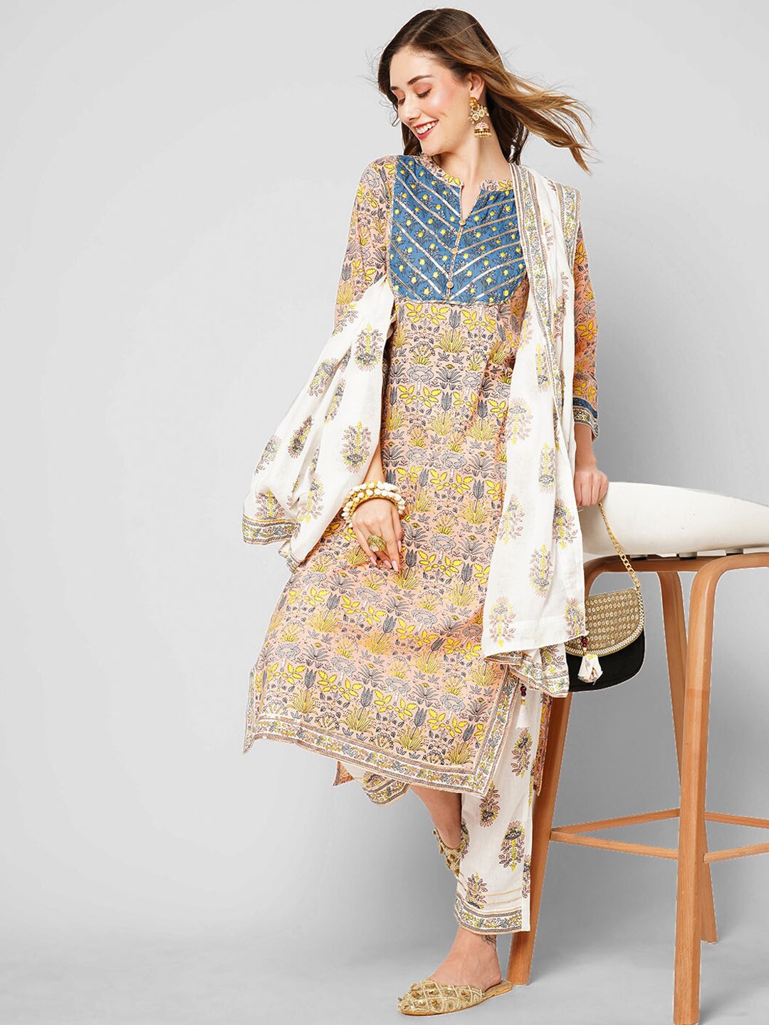 

KALINI Floral Printed Mandarin Collar Pure Cotton Kurta With Trousers & Dupatta, Pink