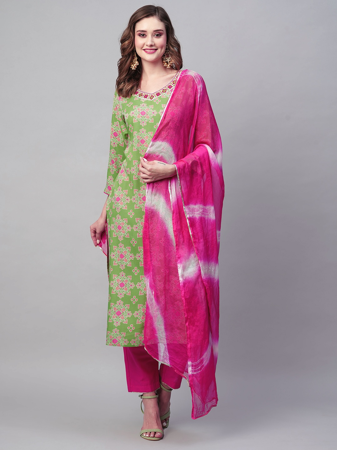 

KALINI Ethnic Motifs Printed Thread Work Straight Kurta With Trousers & Dupatta, Green