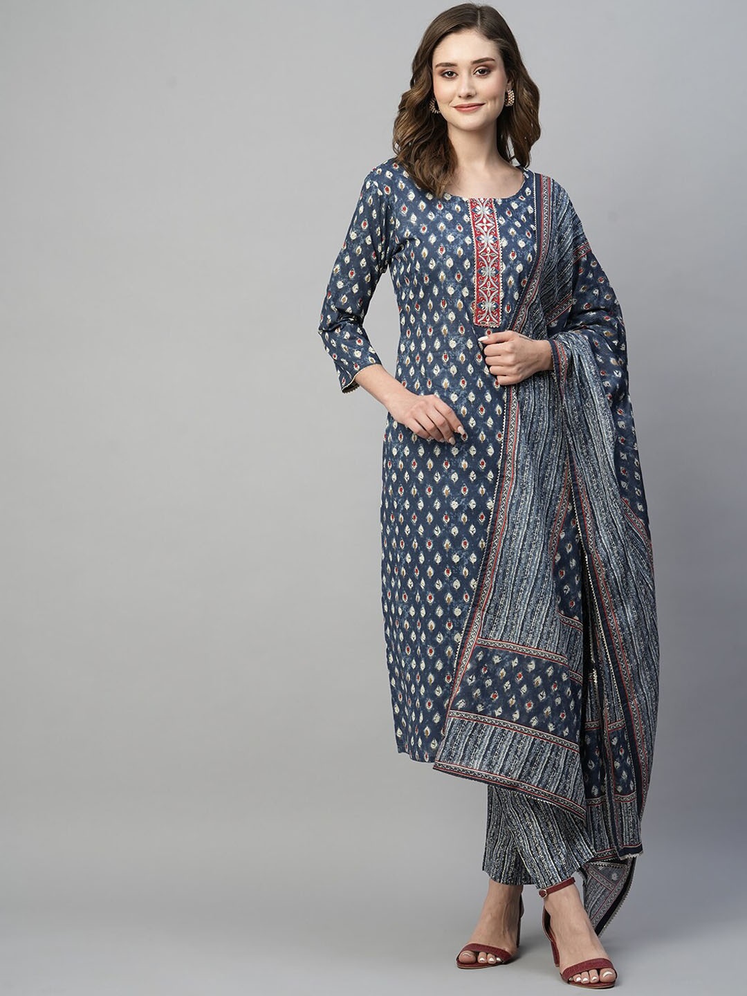 

KALINI Ethnic Motifs Printed Pure Cotton Gotta Patti Kurta With Trousers & Dupatta, Blue