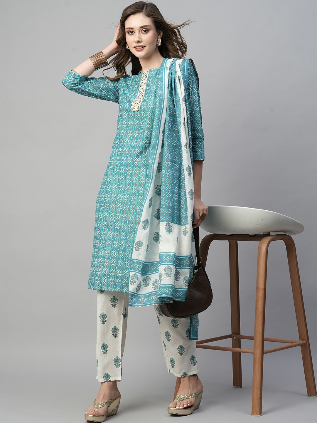 

KALINI Ethnic Motifs Printed Thread Work Pure Cotton Straight Kurta & Trouser With Dupatta, Blue