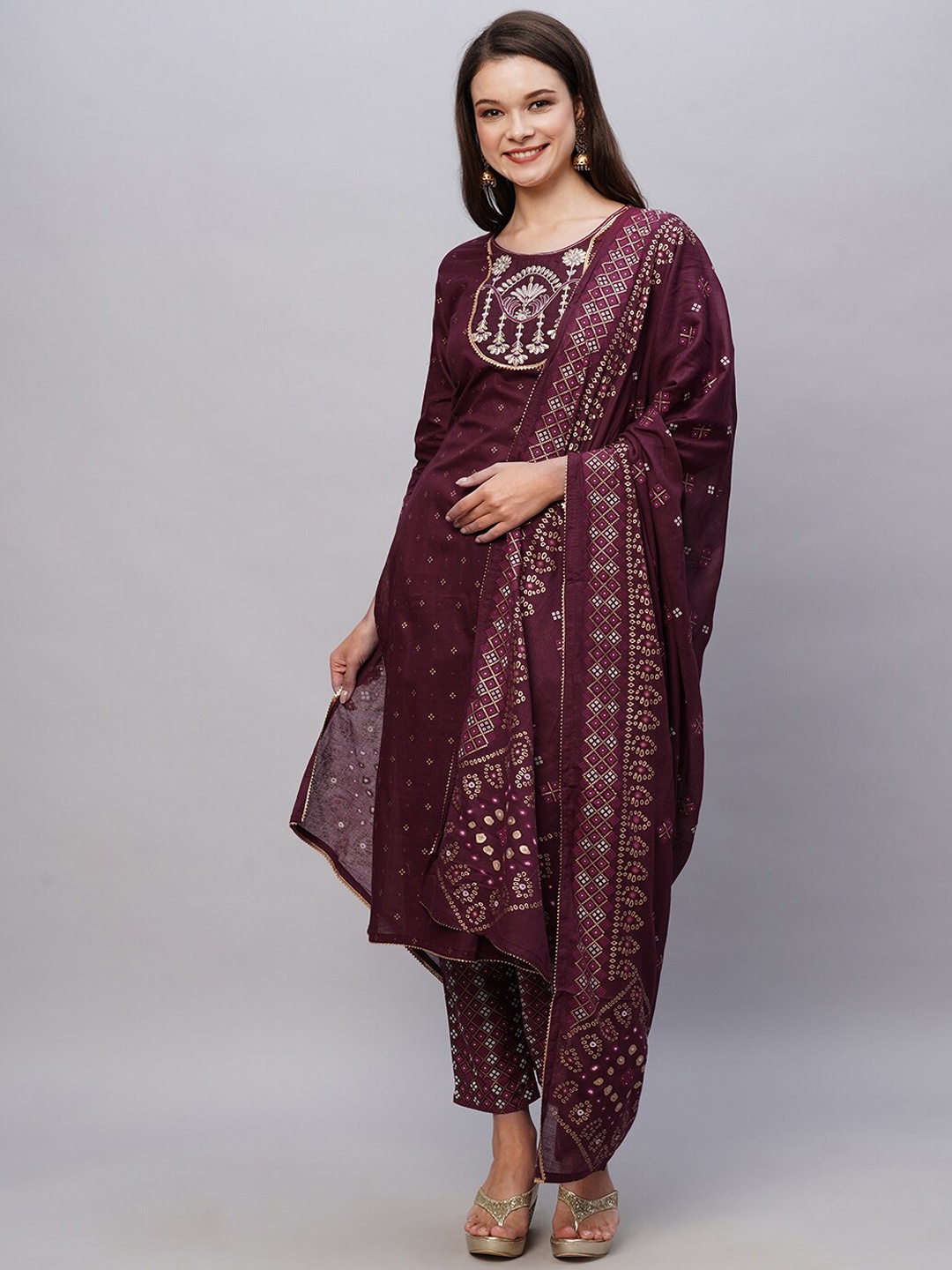 

KALINI Ethnic Motifs Printed Thread Work Pure Cotton Straight Kurta & Trouser With Dupatta, Maroon