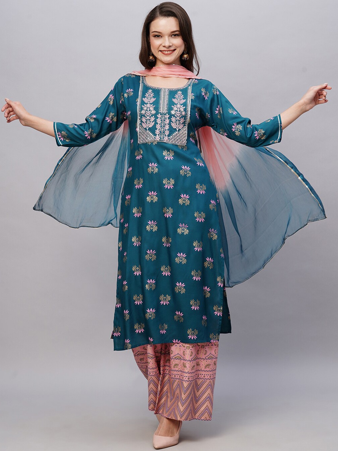 

KALINI Floral Printed Regular Thread Work Kurta With Palazzos & Dupatta, Blue