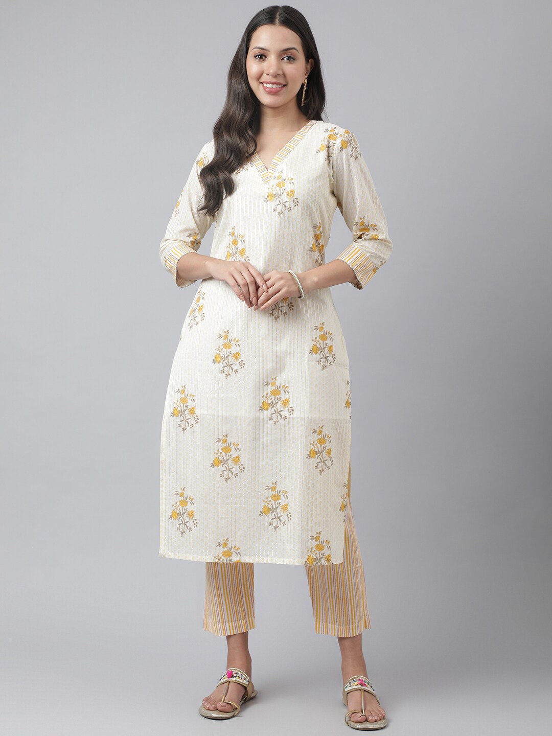 

KALINI Floral Printed Regular Pure Cotton Kurta With Trousers, Cream